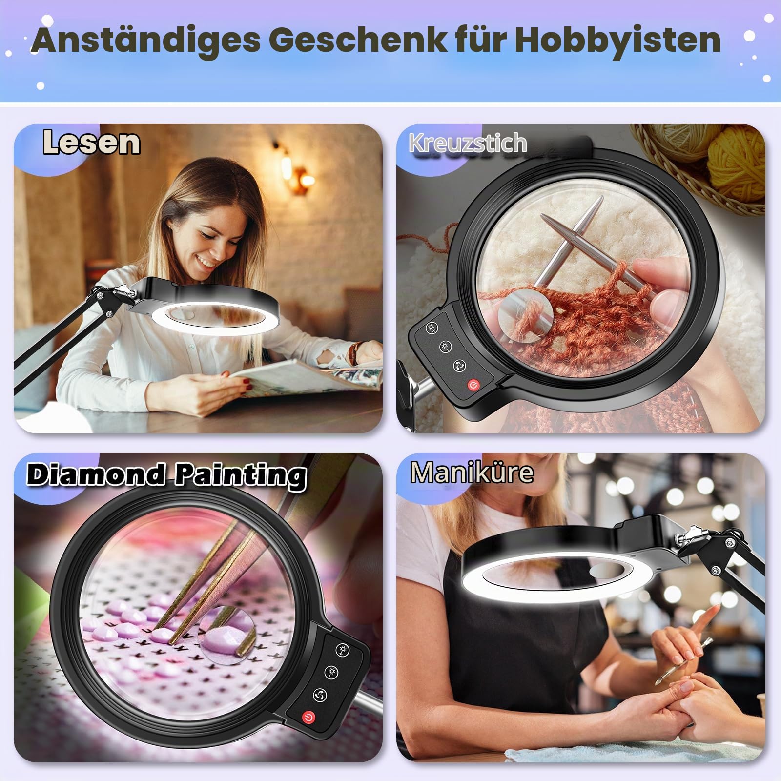NZQXJXZ 10X Lupe mit Licht und Ständer, 2-in-1 Lupenlampe mit 72 Einstellbaren Helligkeits-LEDs, 3 Farbmodus Dimmbare Helligkeit Leselupe mit Licht für Senioren, Lesen, Nähen, Handwerk, Feinarbeit