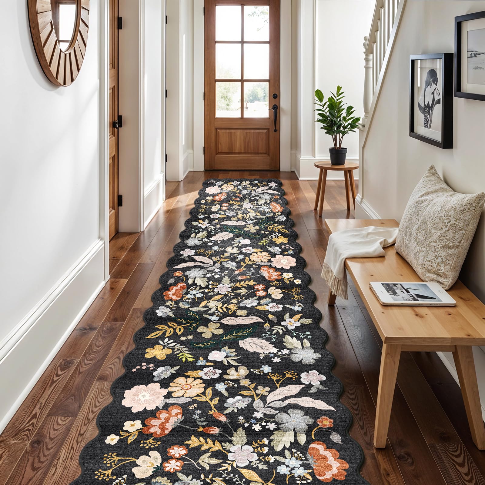 Photo 1 of BYYVOO 3' x 20' Hallway Runner Rug - Black Scalloped Floral
