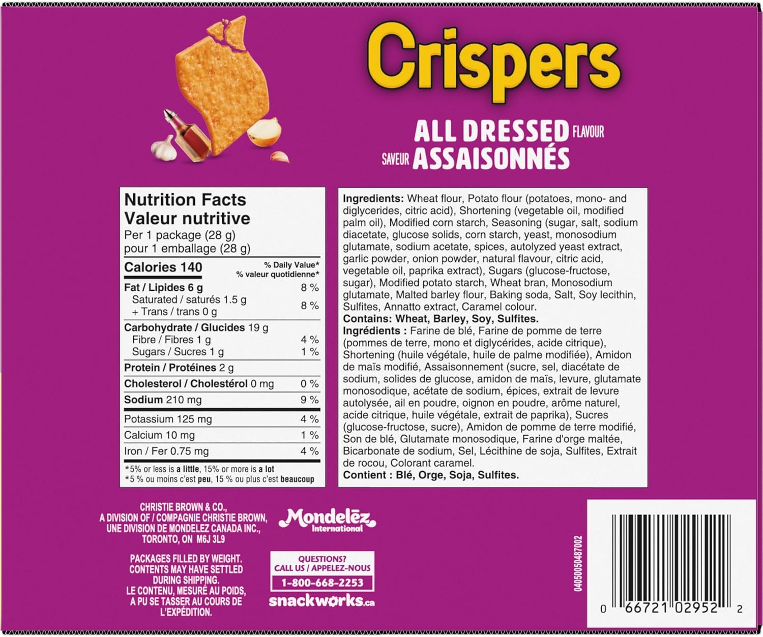 CRISPERS, All Dressed Flavour, 18 Individually Wrapped Snack Packs, Bulk Lunch School Snacks, Value Pack, Is It a Chip or a Cracker, 504 g (28 g bags each) - Image 2