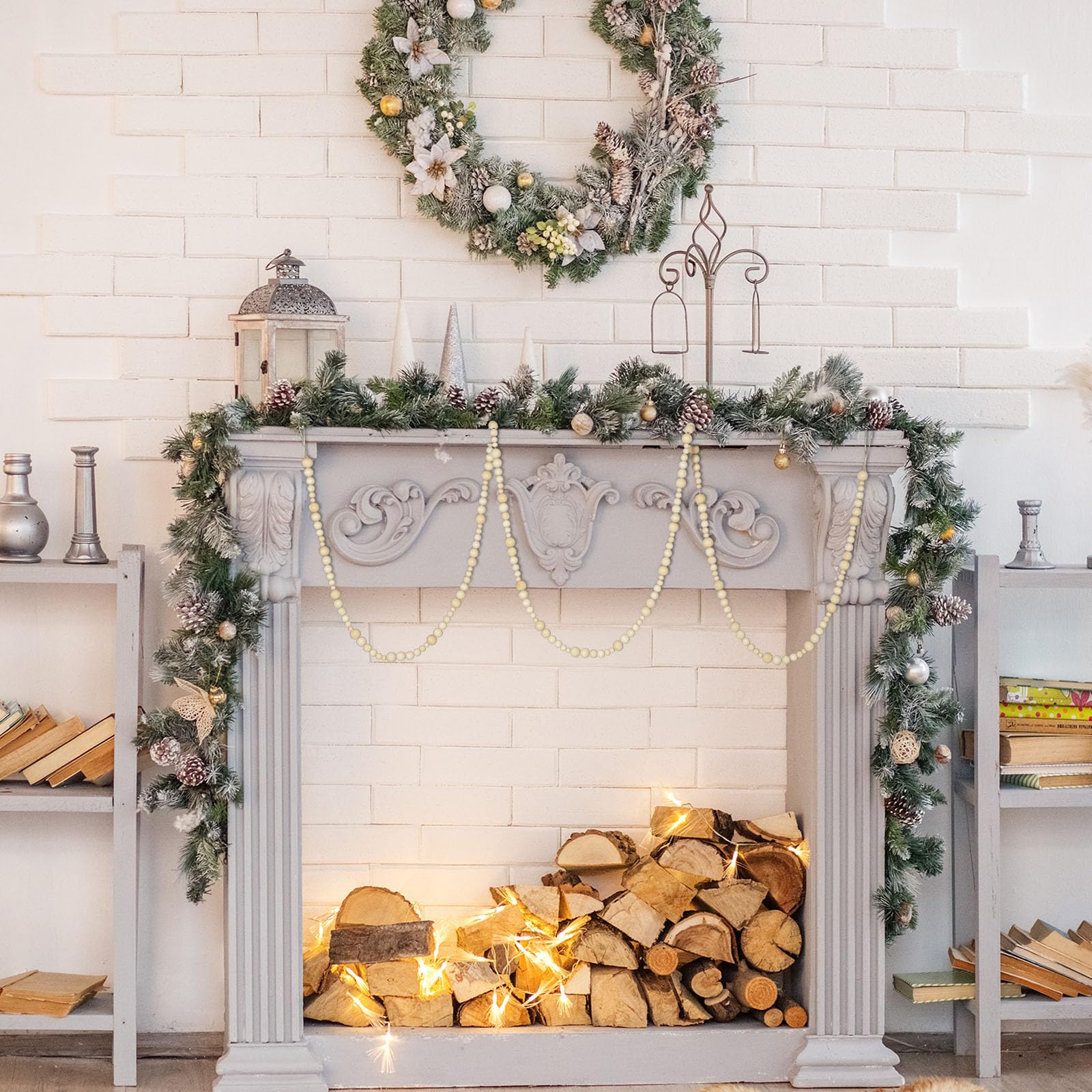 Geetery Lot de 2 guirlandes de perles en bois de Noël de 5,5 m - Guirlande de perles en bois de style rustique - Décoration bohème pour sapin de Noël, maison, entrée, salon, décorations de vacances