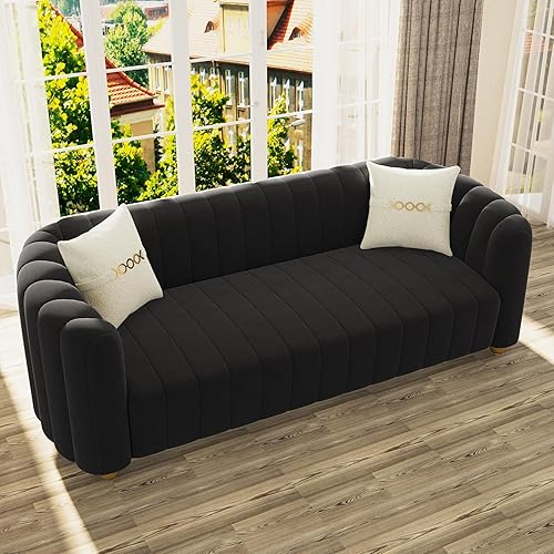 Miniatura 5 de Sofá de terciopelo negro de 83 pulgadas, sofá moderno de mediados de siglo para 3 personas Chesterfield copetudo de terciopelo con 2 almohadas para