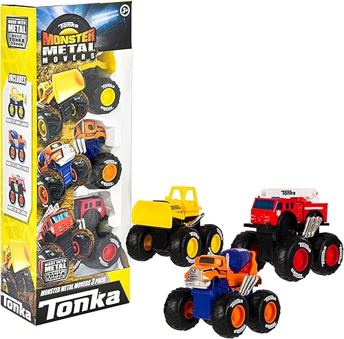 Tonka Monster Metal Movers - Cargador frontal, camión de bomberos y mezclador de cemento (3 unidades)