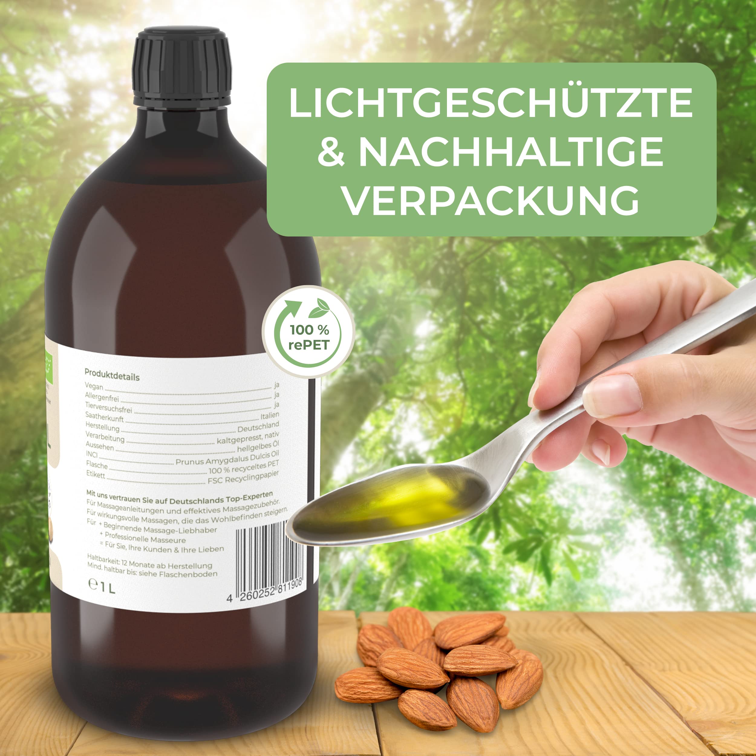 MASSAGE-EXPERT Bio Mandelöl kaltgepresst – für Massage, Babymassage, Hautpflege und Haarpflege (1 Liter rePET-Flasche mit Spritzeinsatz)