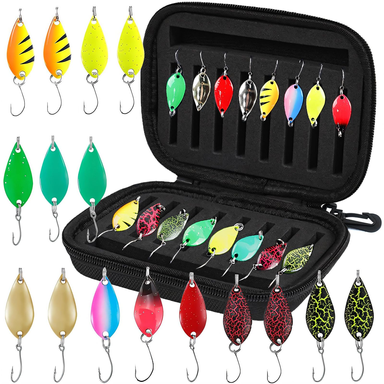 Set di 16 esche per trote, set di esche per trote, spinner, set di indicatori di direzione per trota, 2,5 g / 3,5 g / 5 g, set di accessori da pesca per pesce persico, luccio, lucioperca, trota