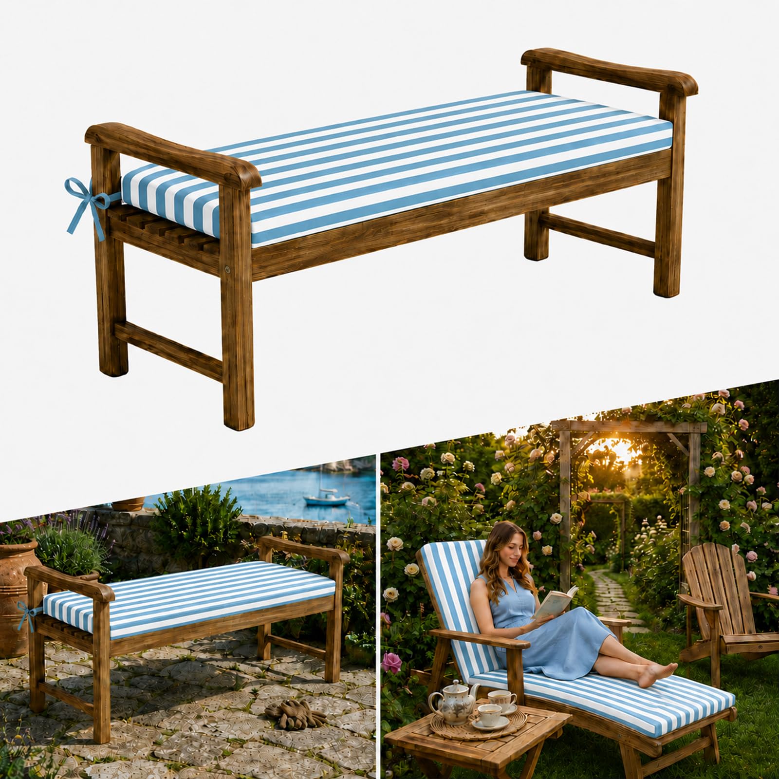 AZMAHT Waterproof Garden Bench Cushion Outdoor Furniture Cushions 2 3 4 Seater Garden Cushions 5cm Thick Bench Seat Pad with Straps & Removable Cover for Patio Swing Seat Sofa,blue stripes,90x30x5cm