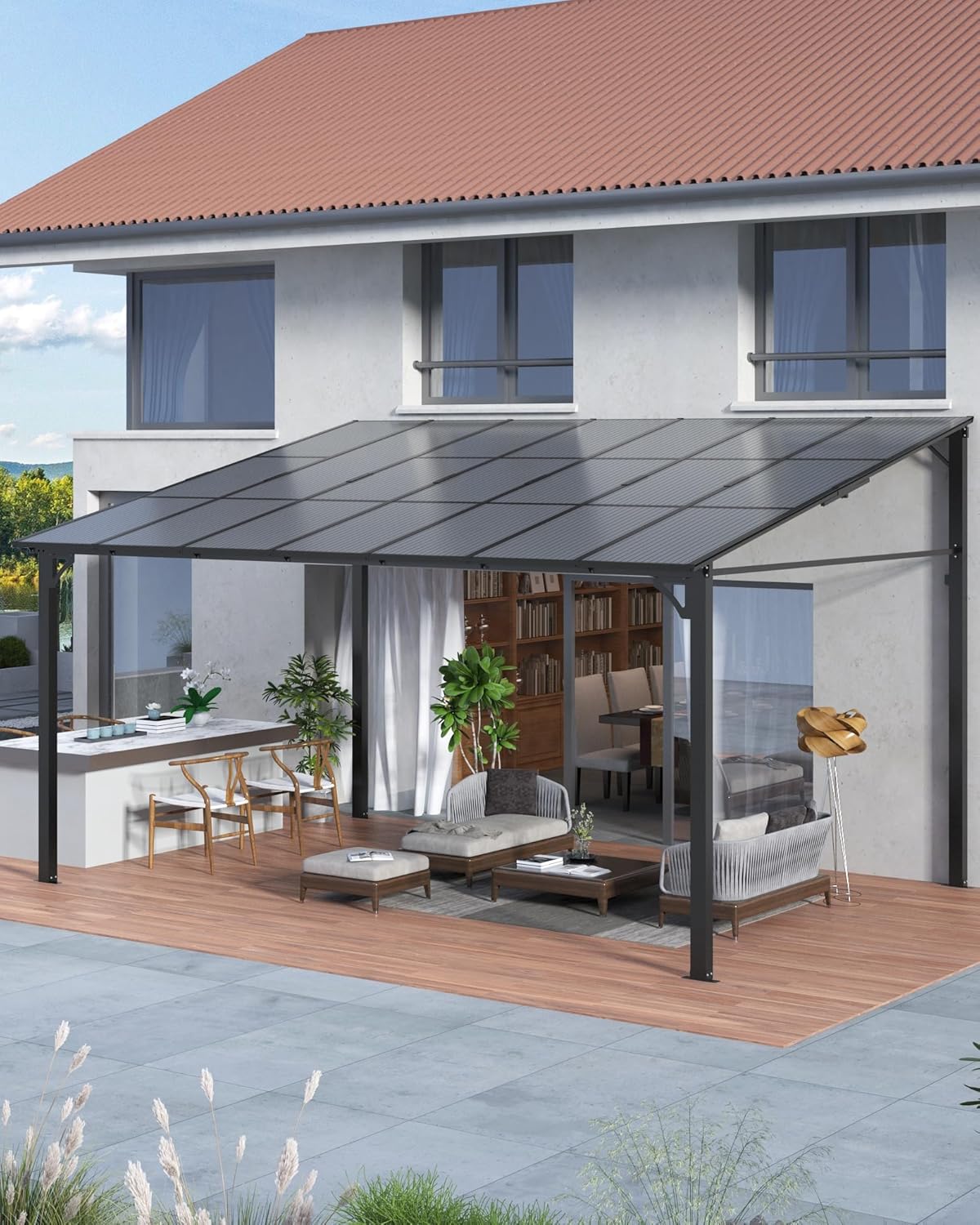 12' x 14' Lean to Gazebo, Hardtop Wall Pergola with Polycarbonate Roof, Aluminum Frame Mounted Gazebo for Lawn Patio Deck Yard and Party DARK BROWN 12' x 14' FT