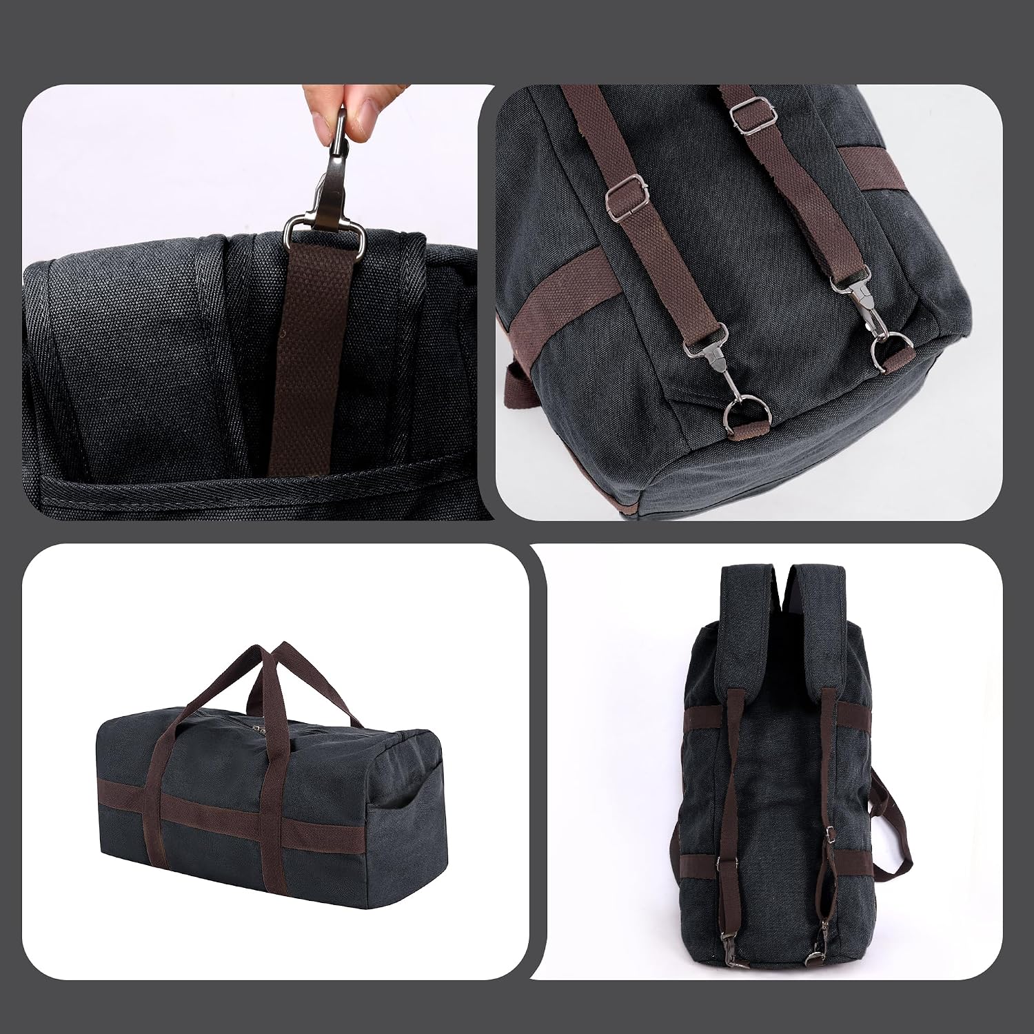 Large Canvas Travel Duffle Bag Heavy Duty, 3-in-1 Convertible Travel Bag with Backpack Straps for Gym, Sports, Travel, Camping(Dark Grey)
