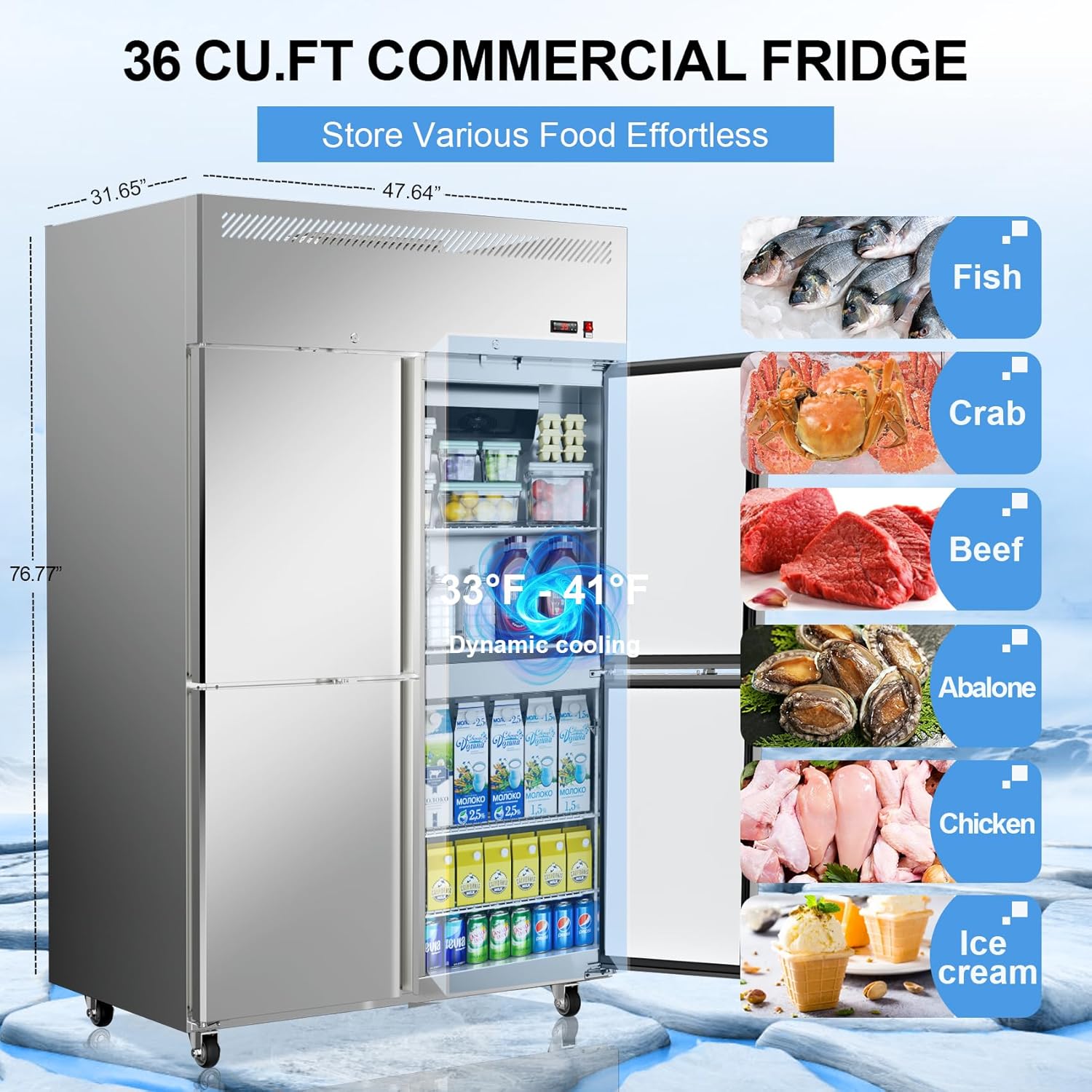 48" W 4 Door Commercial Refrigerator Stainless Steel 36 Cu.ft Fridge for Restaurant, Bar, Shop Upright