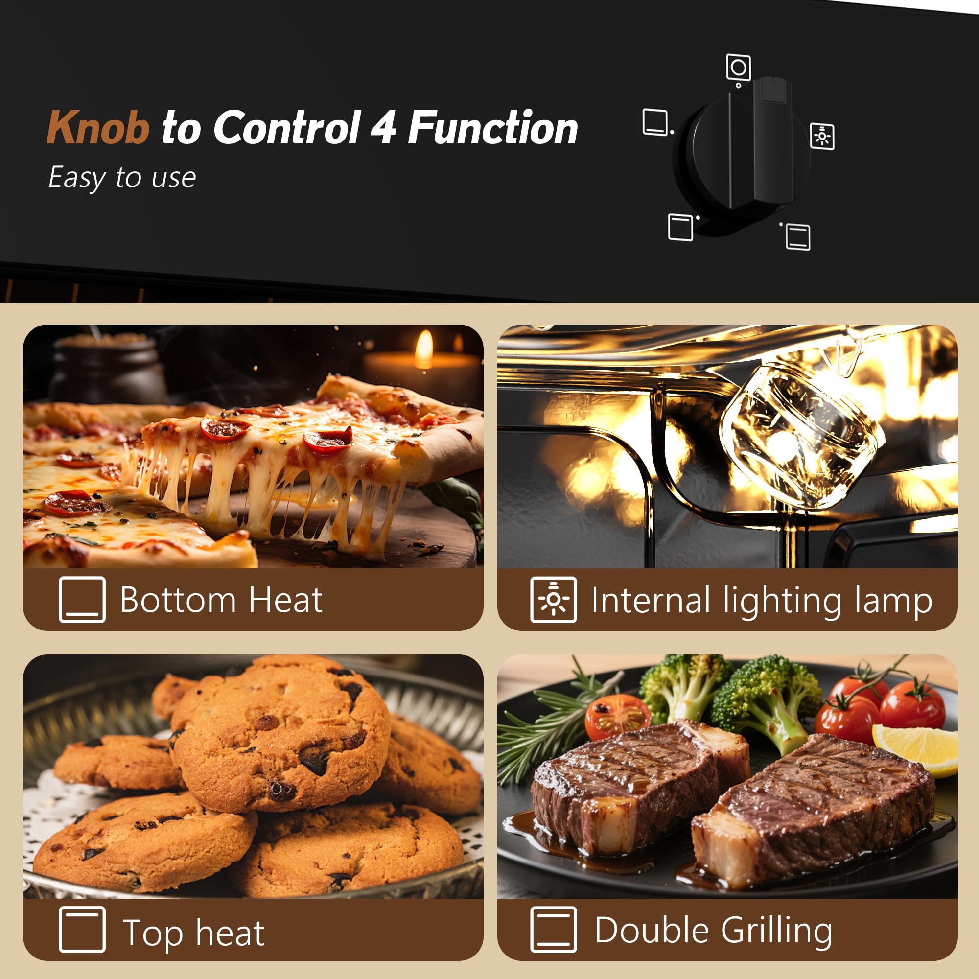 Karinear Electric Oven 65L Built in Knob Control 5 Functions 2000W Plug and Play 220V 60cm Wide Black — view 4