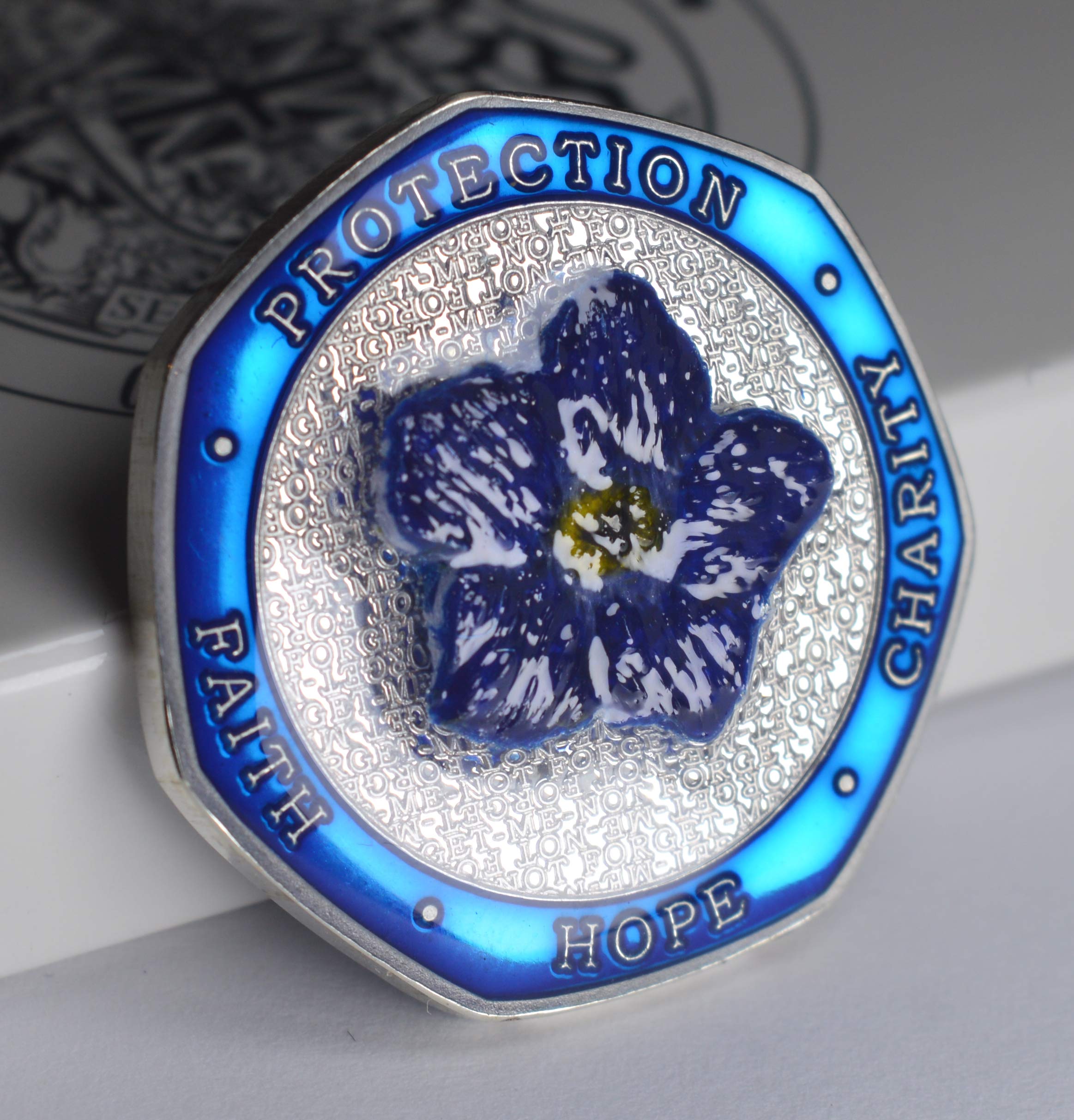 The Commemorative Coin Company Silver/Blue Masonic Forget-Me-Not .999 Commemorative With Enamel And Embroidered Detailing. Freemasonry/Masons/Freemasons Lodge/Order Epoxy