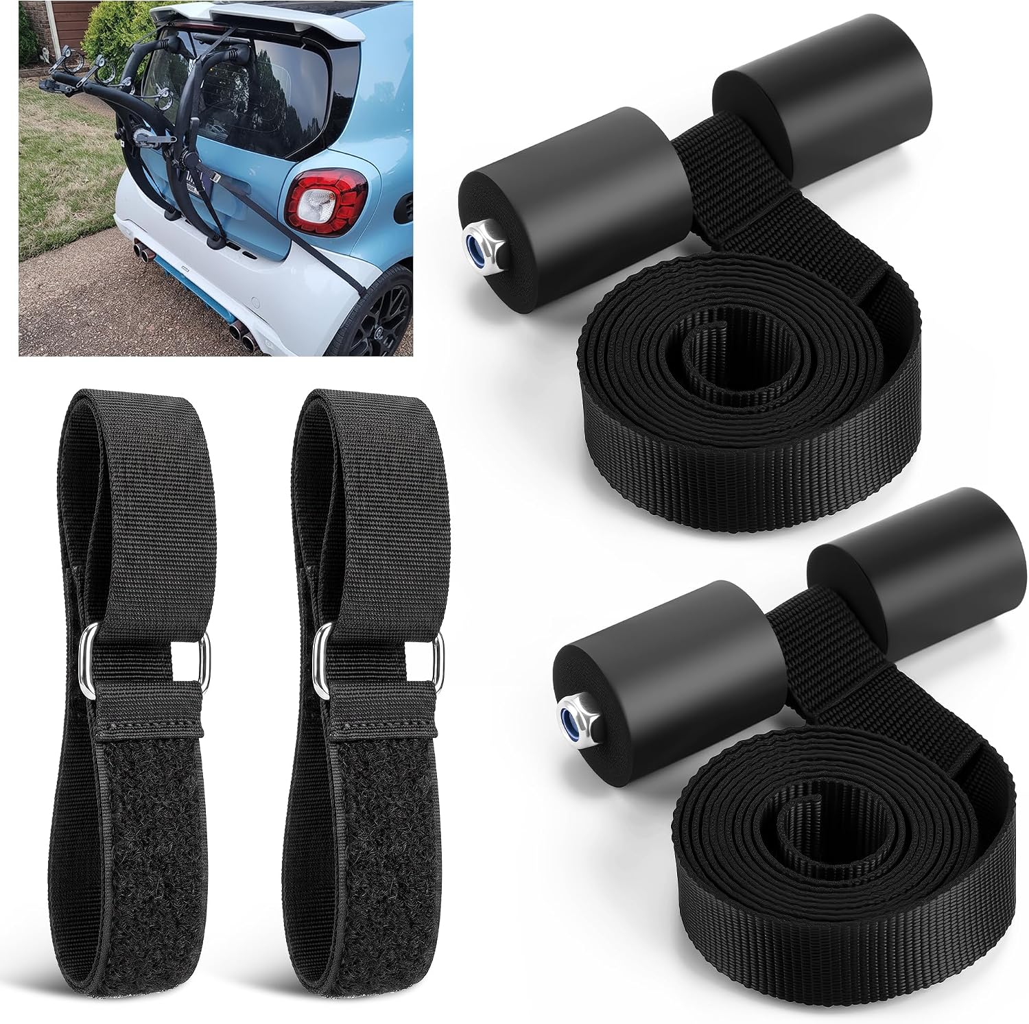 4 Pack Bike Rack Replacement Straps, Hatch & Wheel Stabilizer Tie Downs | Trunk Mount Transport Accessories Compatible with Saris Bones, Bones EX, Guardian