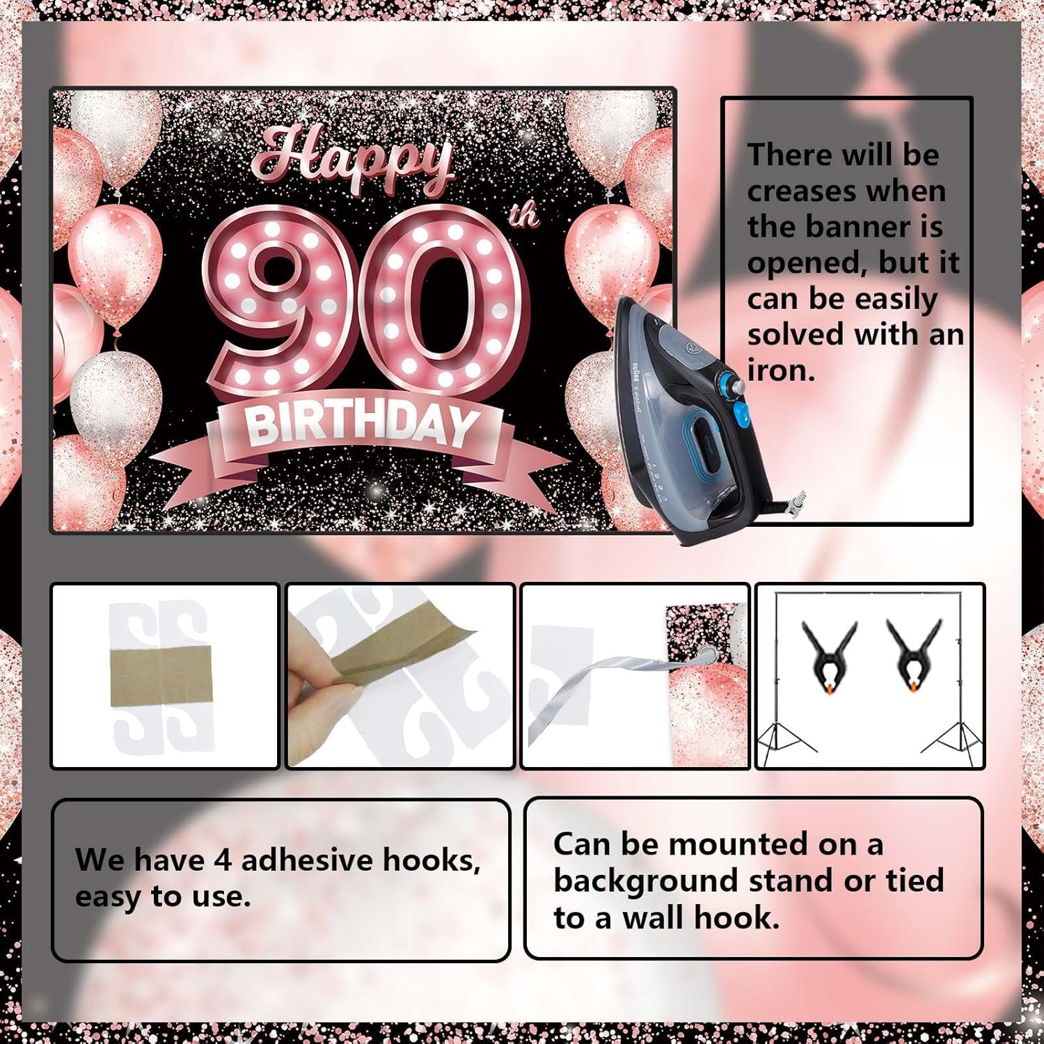Happy 90th Birthday Rose Gold Banner Backdrop Cheers to 90 Years Old Confetti Balloons Theme Decor Decorations for Women 90 Years Old Pink Birthday Party Bday Supplies Background Favors Gift Glitter - Image 4