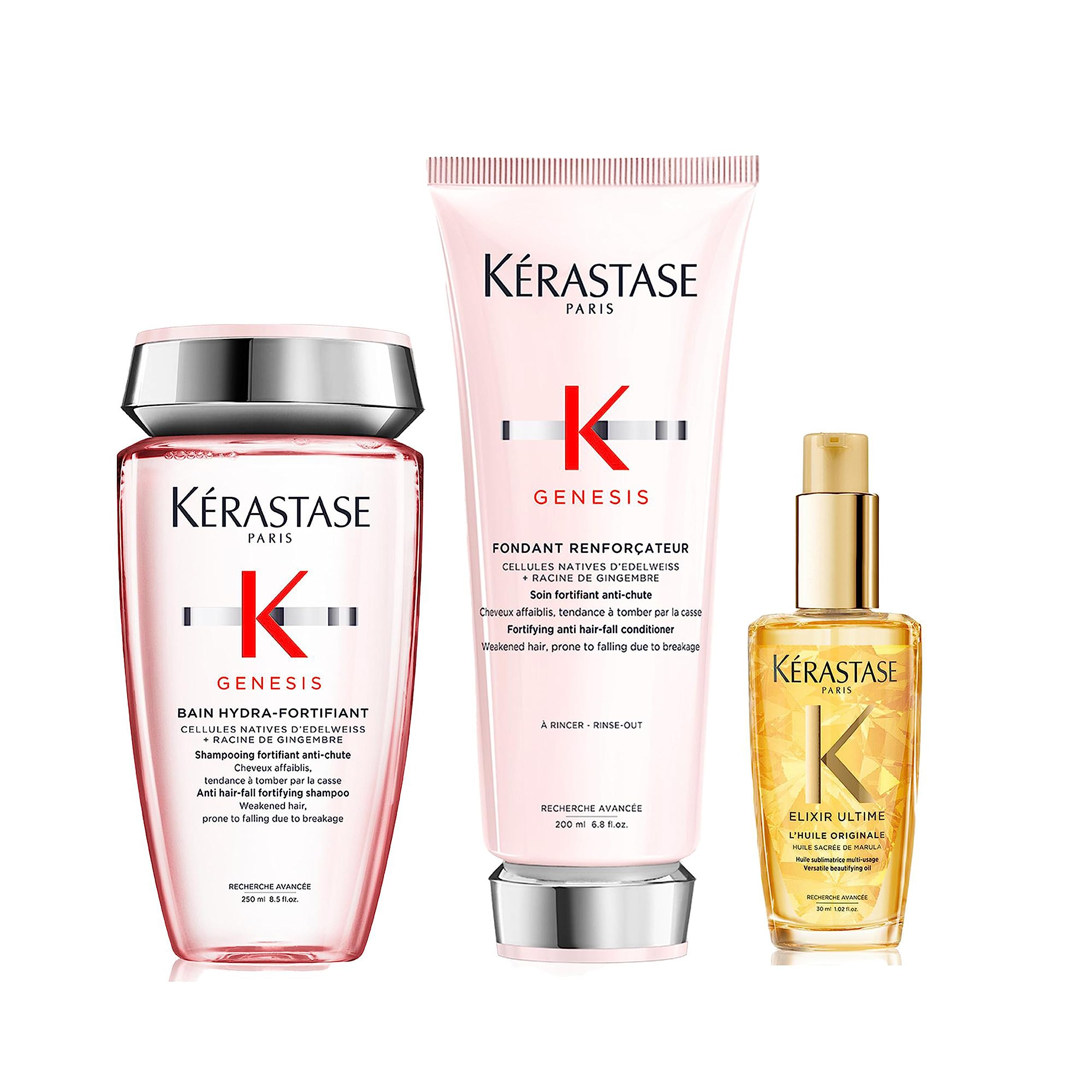Kérastase Genesis Shampoo and Conditioner Set with Elixir Ultime Leave-In Oil, Routine to Combat Hair Fall and Reduce Hair Loss, For Fine Hair, Protects Against Frizz and Heat Styling, Trio Set