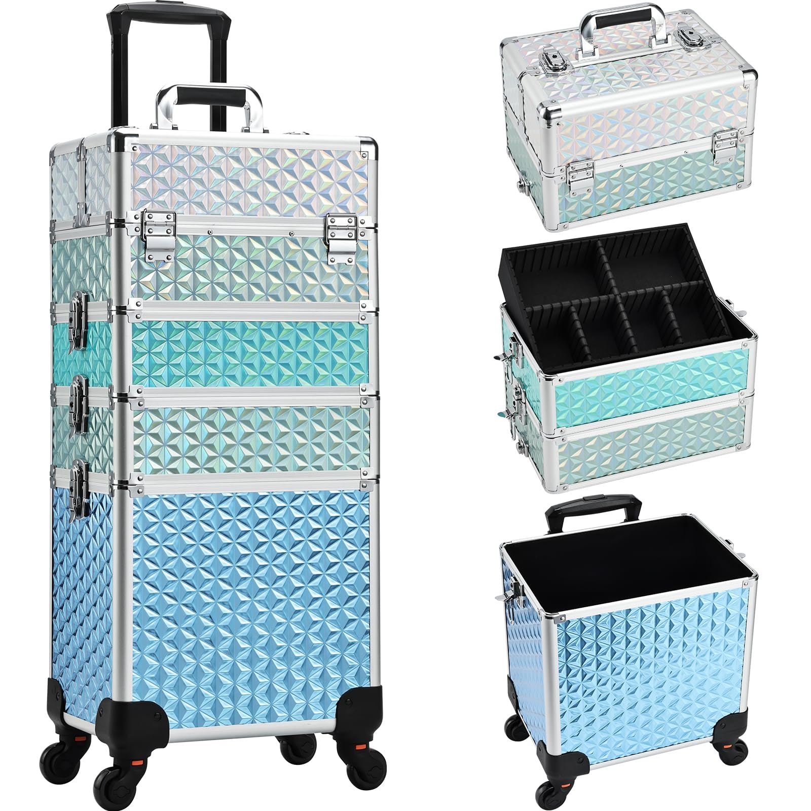 Adazzo Professional Rolling Makeup Train Case 4 in 1 Aluminum Trolley Case with 360° Rotation Wheels for Makuep Artist Cosmetic Suitcase Organizer with Lock and Key Diamond Pattern - Turquoise