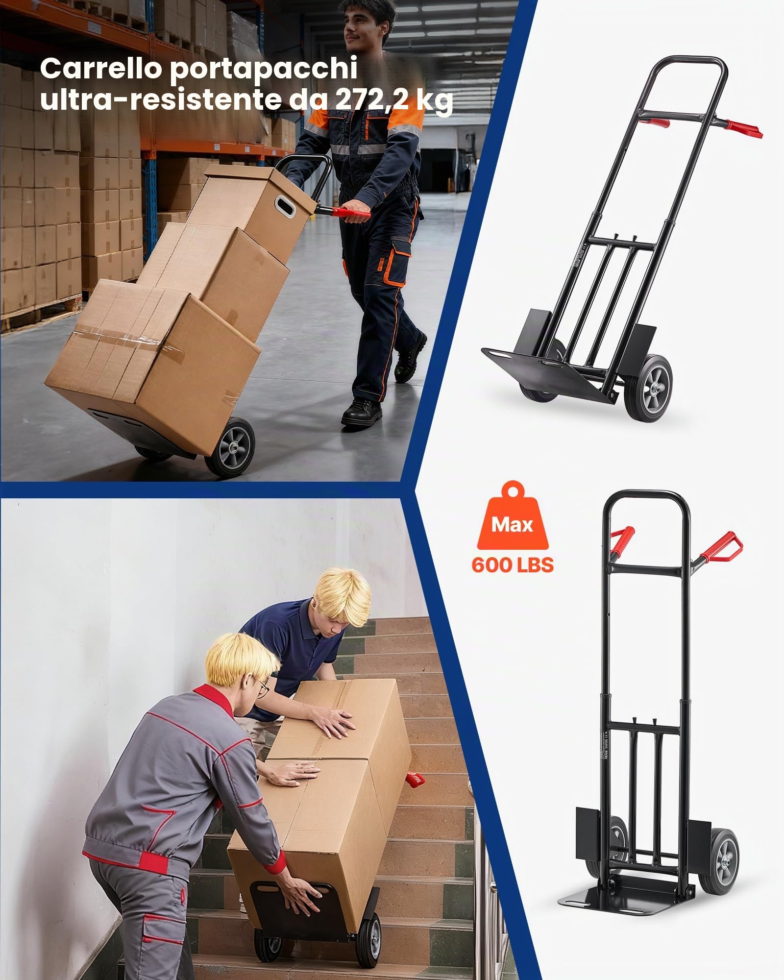 VEVOR Carrello a Mano Capacità di Carico di 272,1 kg Carrello a Mano per Carichi Pesanti con Ruote, Maniglia Telescopica e Cinghia di Ancoraggio per Traslochi di Casa, Ufficio, Magazzino