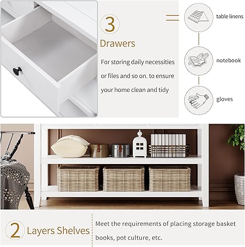 Miniatura 13 de Knocbel Mesa consola con 3 cajones y 2 estantes de capas, mesa de sofá retro de mediados de siglo de madera de pino maciza para entrada y pasillo,