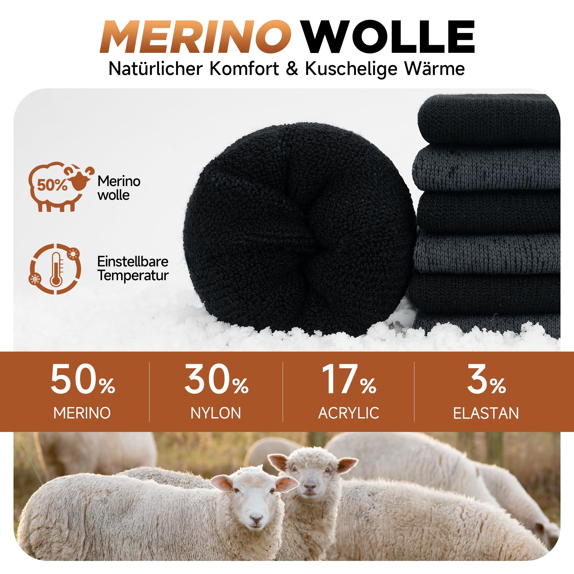 Benirap Calzini in lana merino da trekking, professionali, invernali, per attività all'aperto, anti-bolle, da trekking, da lavoro, da uomo, da donna, 3 paia, Nero , M