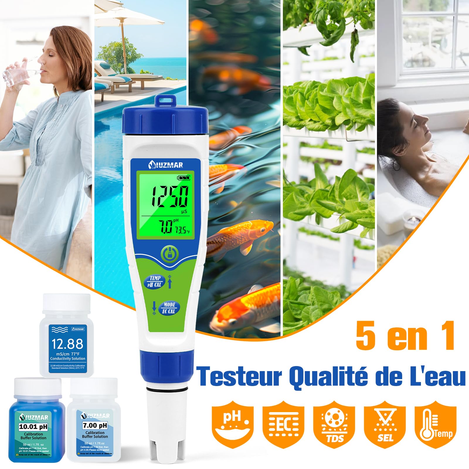 UIUZMAR pH Mètre Numérique Analyseur de Salinité Testeur Sel et pH Testeur pH Piscine Electronique 5 en 1 pH Salinité TDS EC Température Mètre pour Piscine au Sel Spa Aquarium Hydroponiques