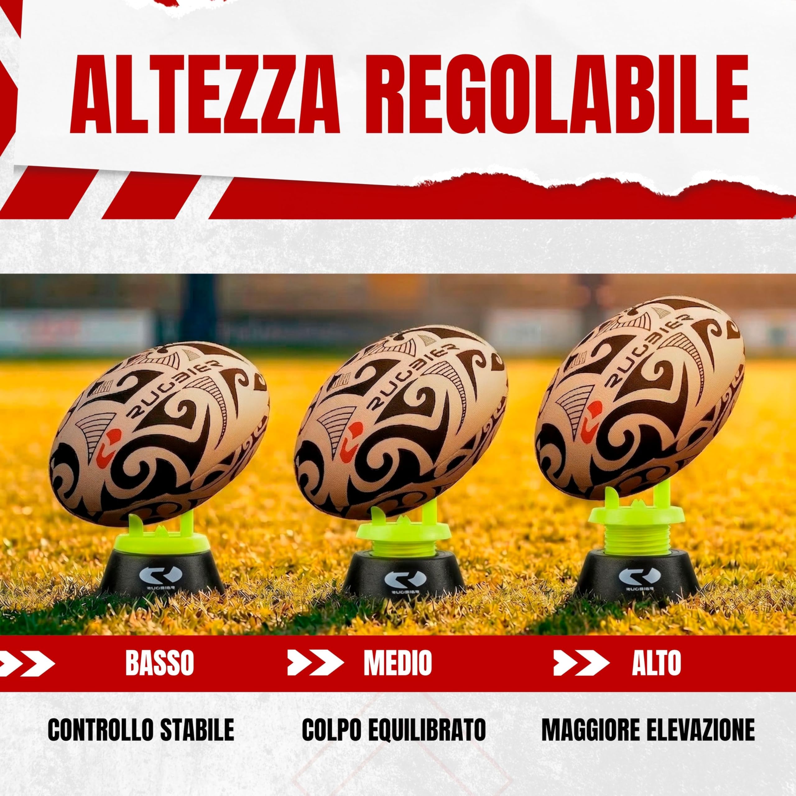 Tee da Rugby Regolabile Professionale – Supporto Calci Altezza Regolabile Trasformazioni e Piazzati – Base Pallone da Rugby Alta Stabilità – Accessorio Allenamento e Partita – Giallo/Nero