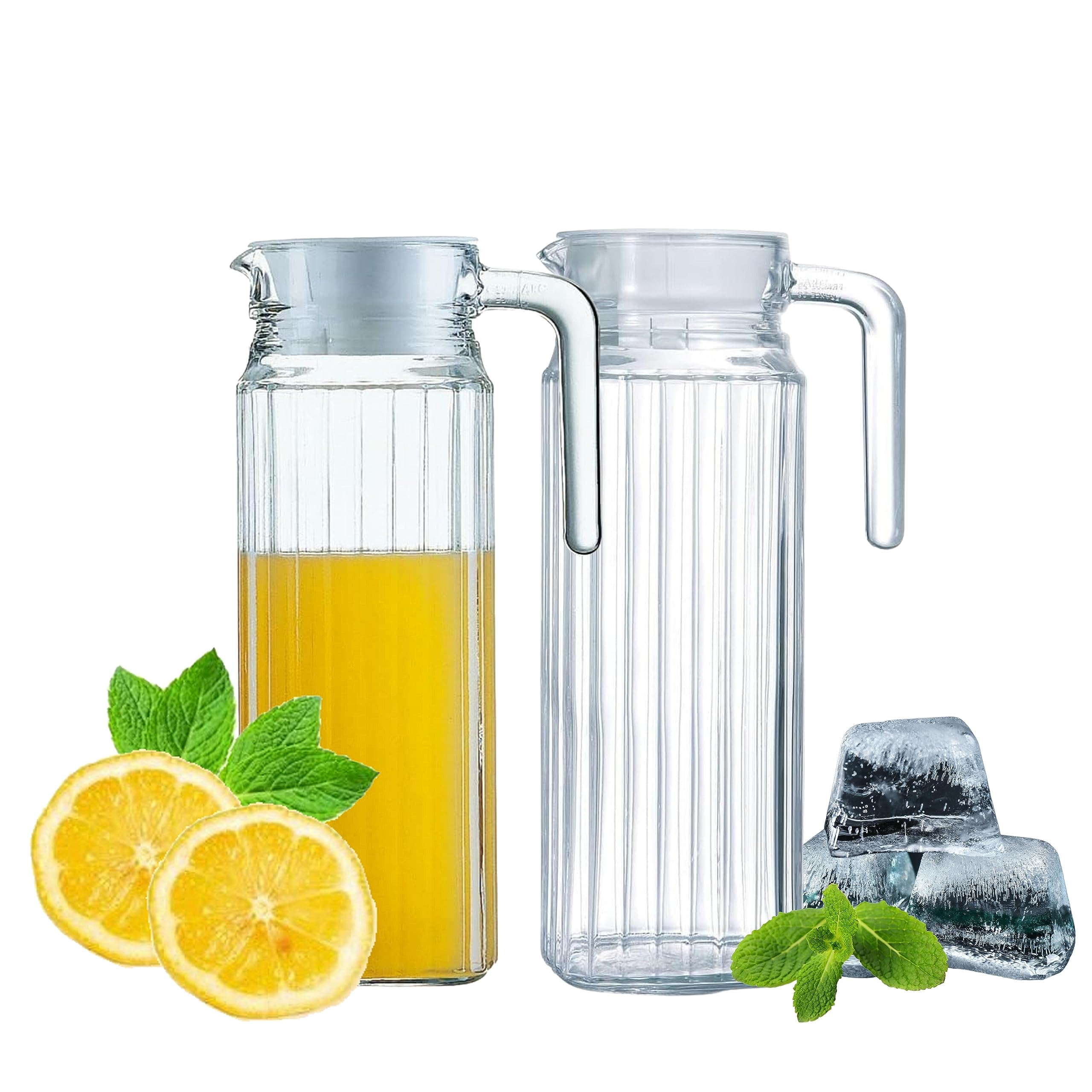 HOMESHOPA Glass Water Jug with Lid, 2 Pack 1.1L Water Pitcher Glass Carafe Jug for Hot/Cold Water Ice Tea Coffee Milk & Juice Beverage, Transparent Ribbed Fridge Door Water Jug with Spout and Handle