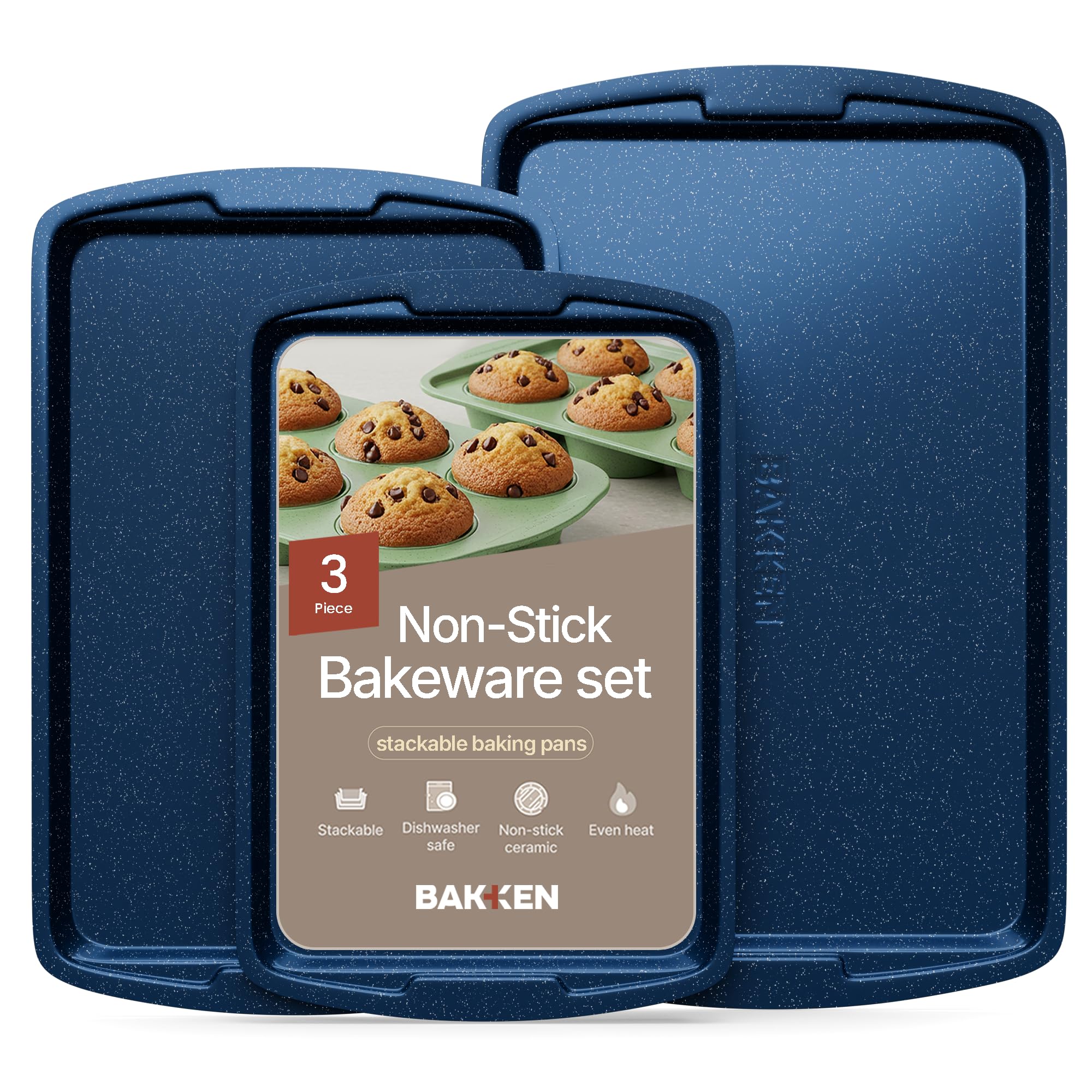 BAKKEN Kitchen Baking Pan Set - Nonstick Coating, Commercial Grade Carbon Steel Bakeware Sets, Baking Kitchen Essentials, PFOA, PFOS, PTFE Free, Oven Safe Tray (Up To 450° F), Set of 3, Blue Marble