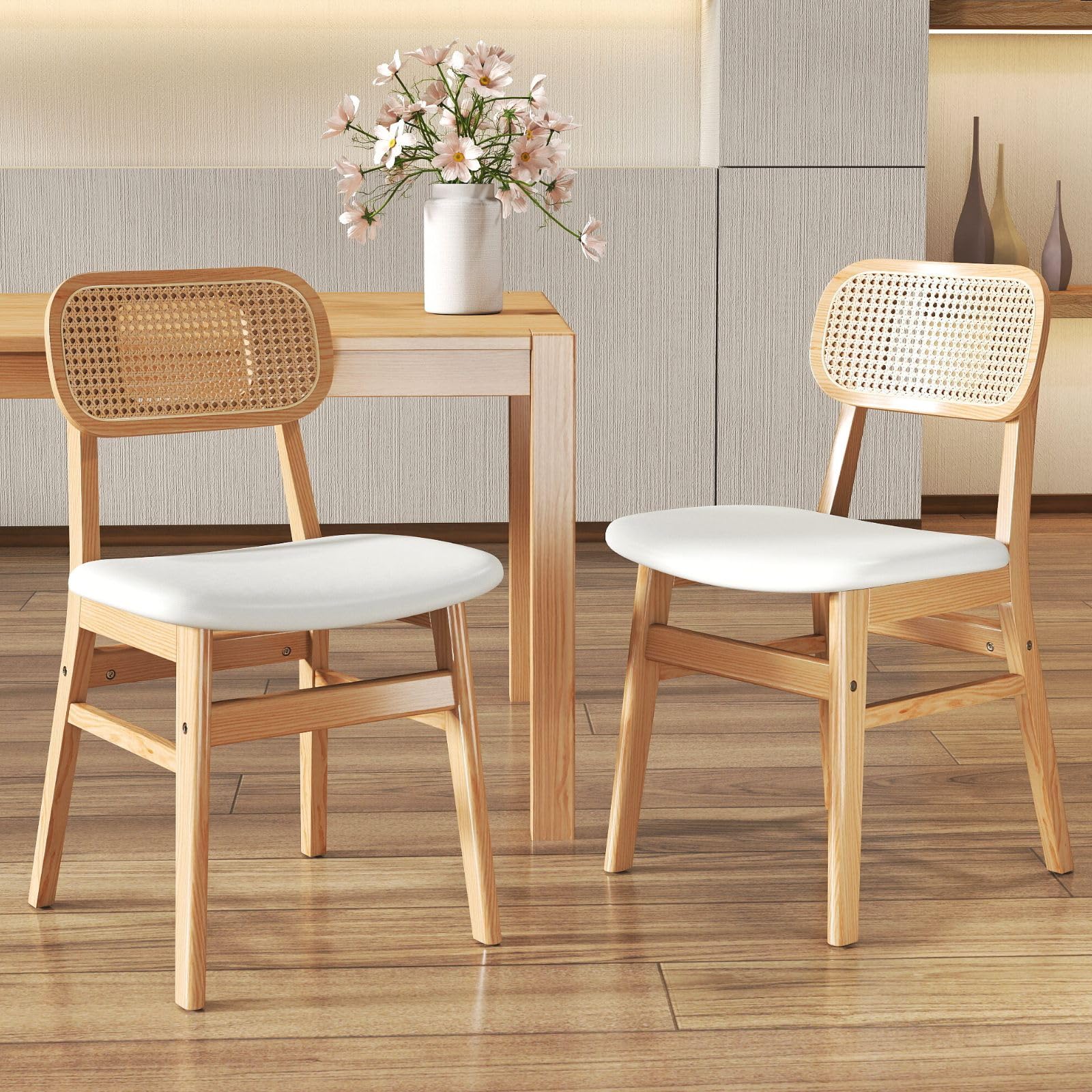 ROCITY Rattan Dining Chairs Set of 2 Beige Linen Fabric Dining Room Chairs Natural Wooden Kitchen Chairs Farmhouse Boho