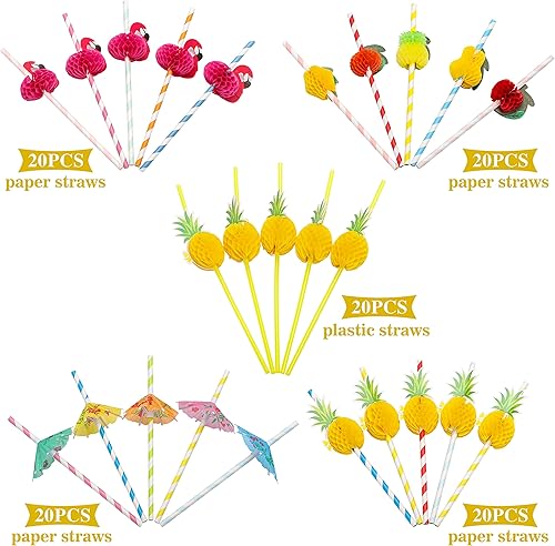Miniatura 2 de 100PCS Flamingo Fruit Paper Straws Coffee & Cocktail Stirrers,Disposable Drinking Straws,Tropical Hawaiian Beach Summer Pool Party Decorations -