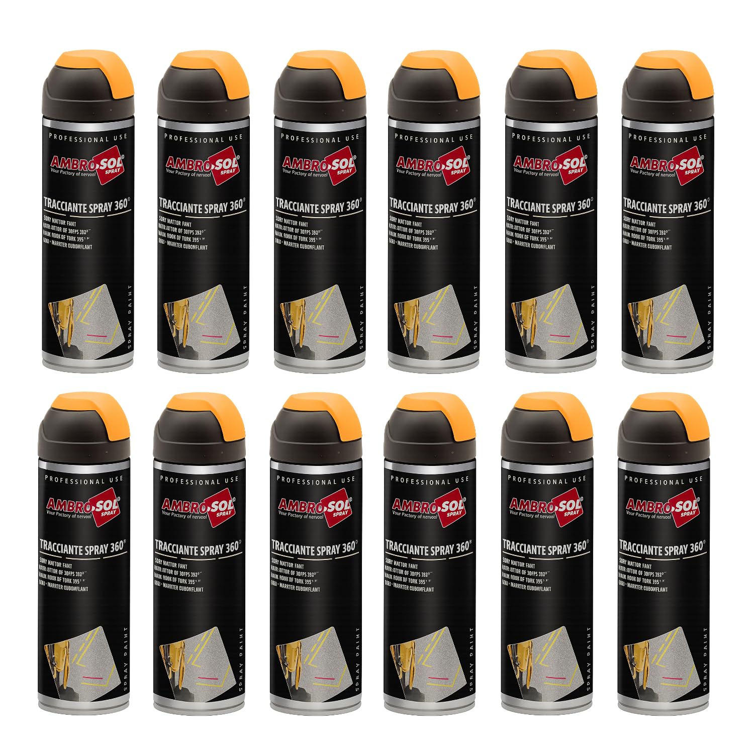 VIRSUS 12 Bombolette Vernice spray Tracciante Maker da 500ml con valvola a 360°, Uso Professionale e Domestico, per Asfalti, Muri e Legno, Essiccazione Rapida (arancio fluorescente)