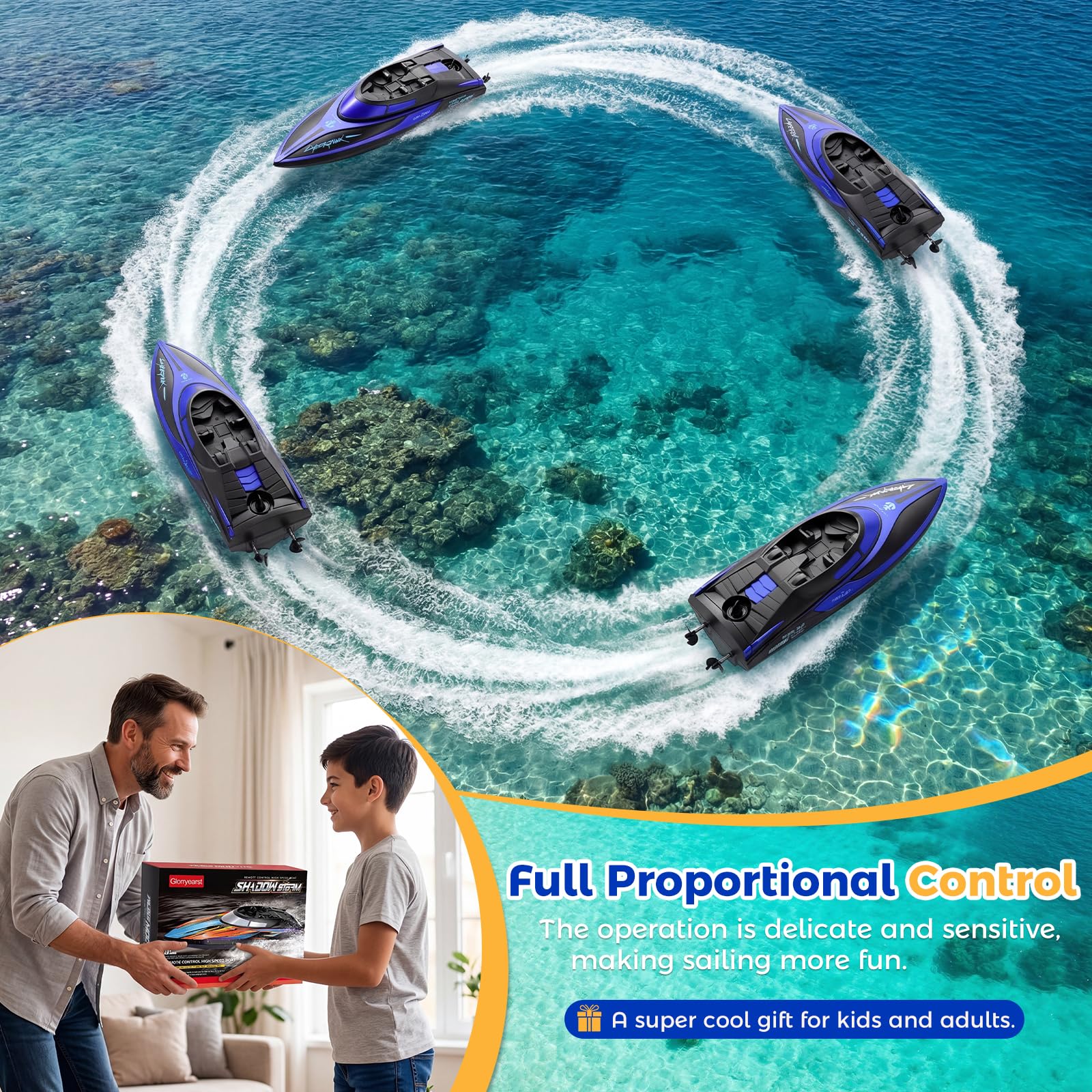 Coikes Barco Teledirigido Barcos RC con luz LED Barco de Control Remoto 2,4 GHz Barco De Carreras Rápido para Niños y Adultos Juguete de Piscina Barco Eléctrico para Mares, Piscinas y Lagos