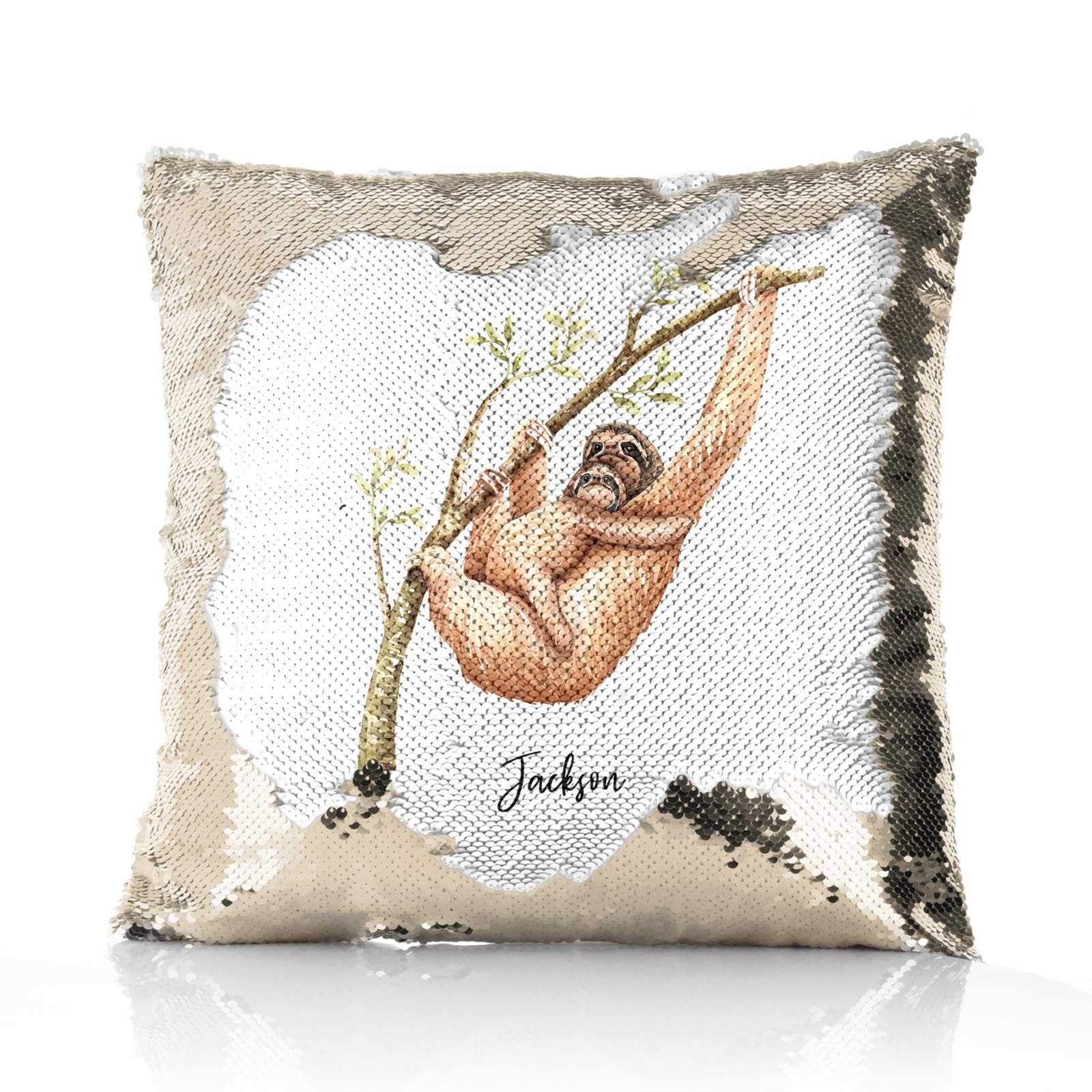 Hairyworm Personalised Cushion, Champagne, Silver, Blue, Red or Gold Squin Flip Square Cushion Customised with Initial/Name/Text, Mother and Baby Sloth Design Print, Square Pillow