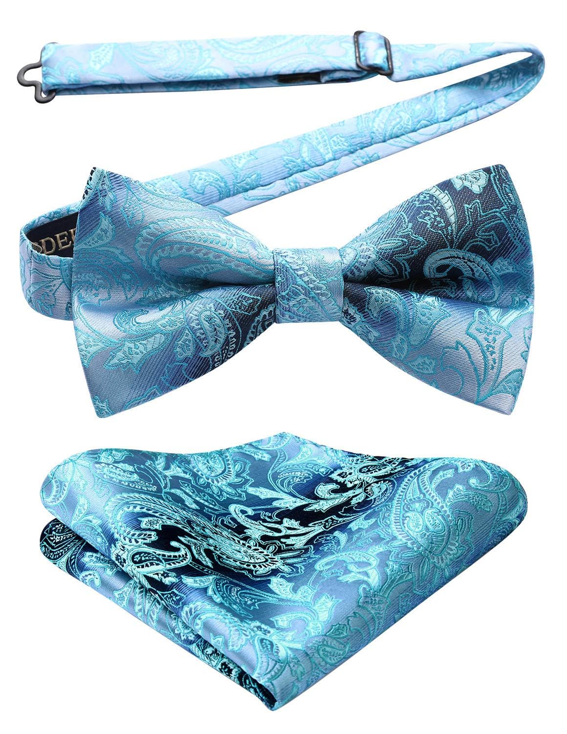 HISDERN Bow Ties for Men Paisley Floral Pre-tied Bowtie Pocket Square Set Men's Formal Bow Ties Wedding Party