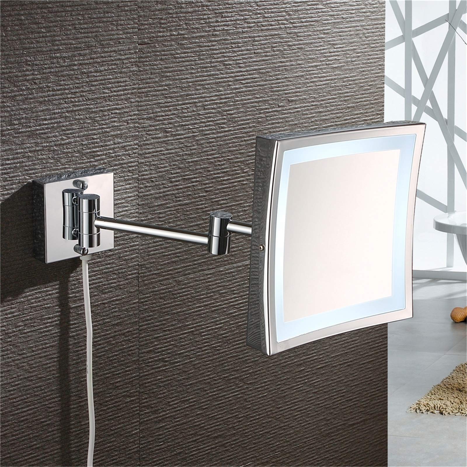 WYCSAD Espejo de tocador LED, Espejo de Maquillaje con Aumento de latón de 8 Pulgadas, Espejo de Afeitar montado en la Pared del baño, rotación de 360 ​​y Espejo Extensible con Enchufe, Cromo, 5X