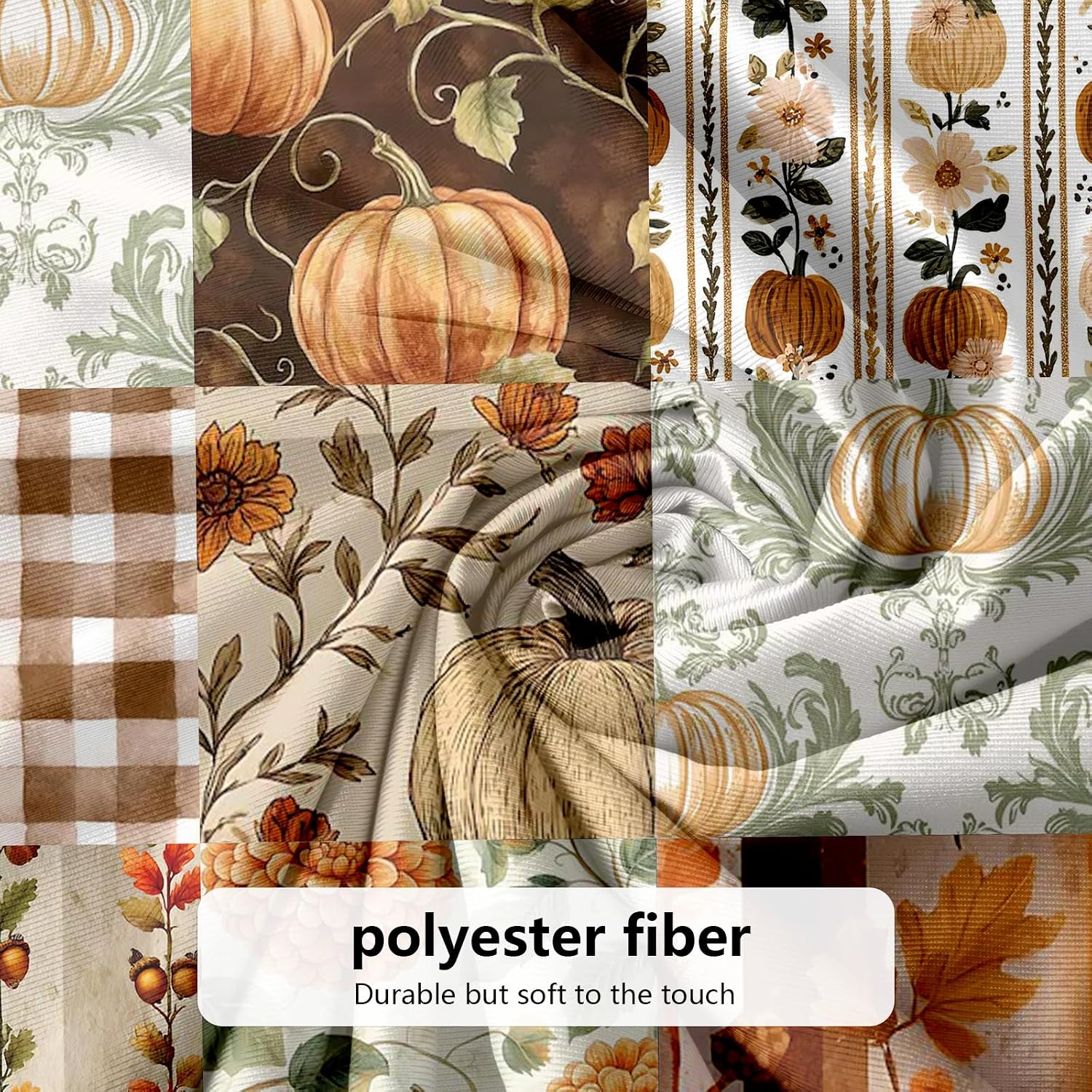 Fall Shower Curtain,Autumn Checker Floral Pumpkins Shower Curtain Set,Waterproof Retro Farmhouse Patchwork Floral Shower Curtains for Fall Home Decor with 12 Hooks，72" x 72"
