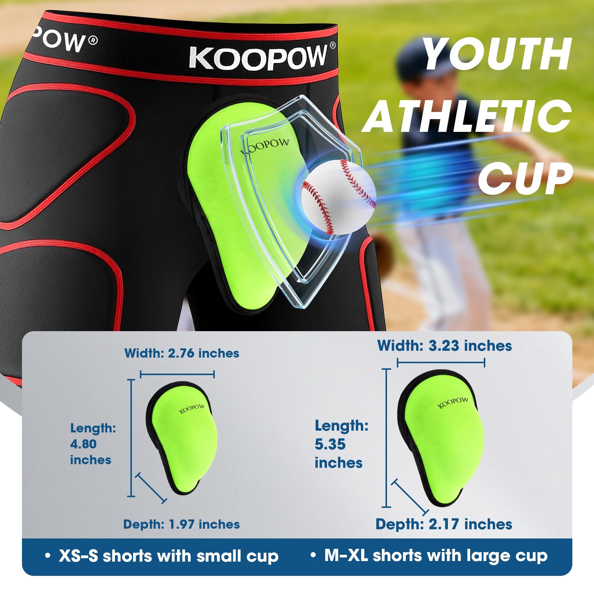KOOPOW Pantalones cortos acolchados deslizantes para niños y jóvenes con copa atlética protectora suave para béisbol, fútbol, lacrosse