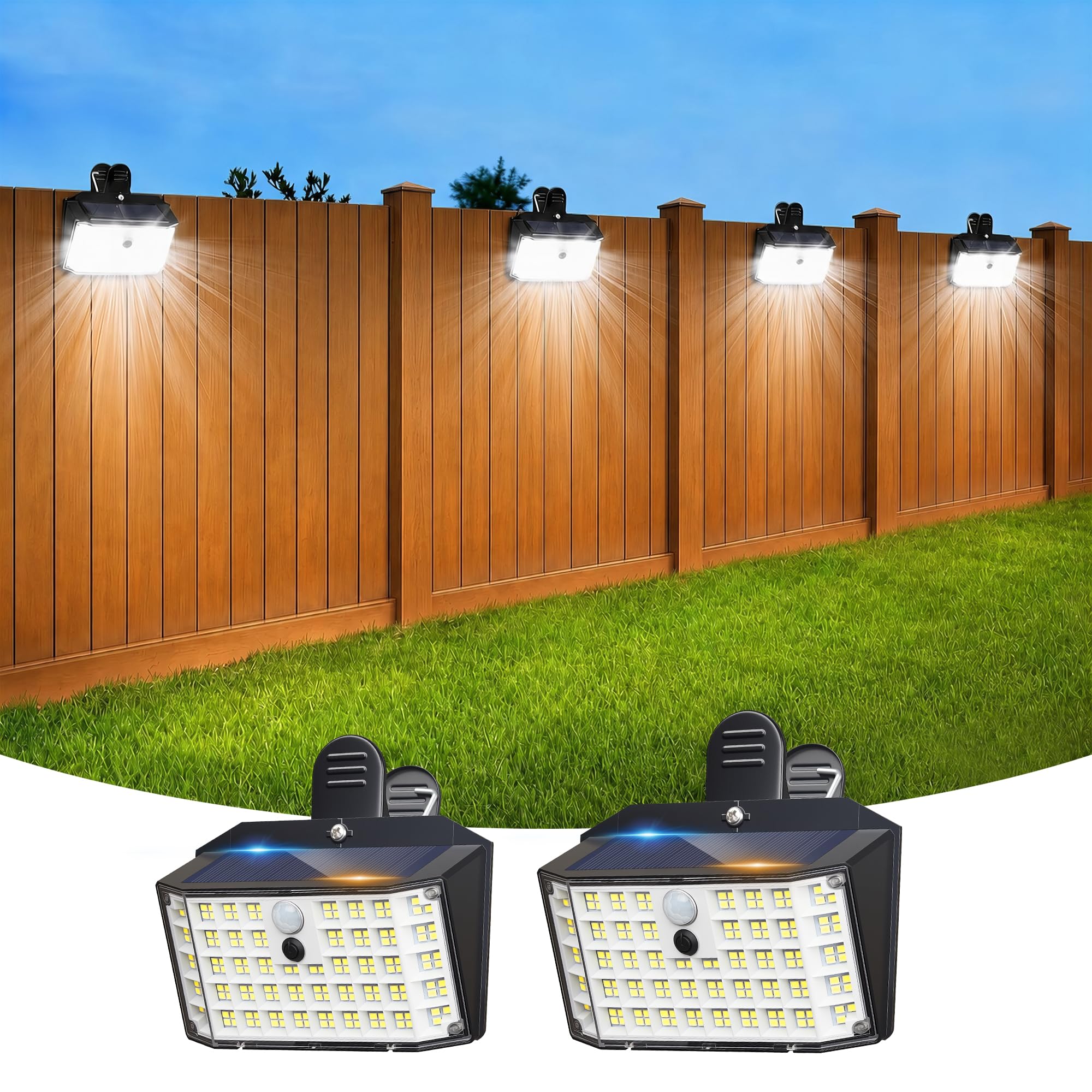 Clip on Solar Lights for Fence, 3 Modes Solar Motion Lights Outdoor Waterproof, 60LEDs 500LM Portable Security Light for Fence, Deck, Garage, Camping, USB Charging, 2 Black