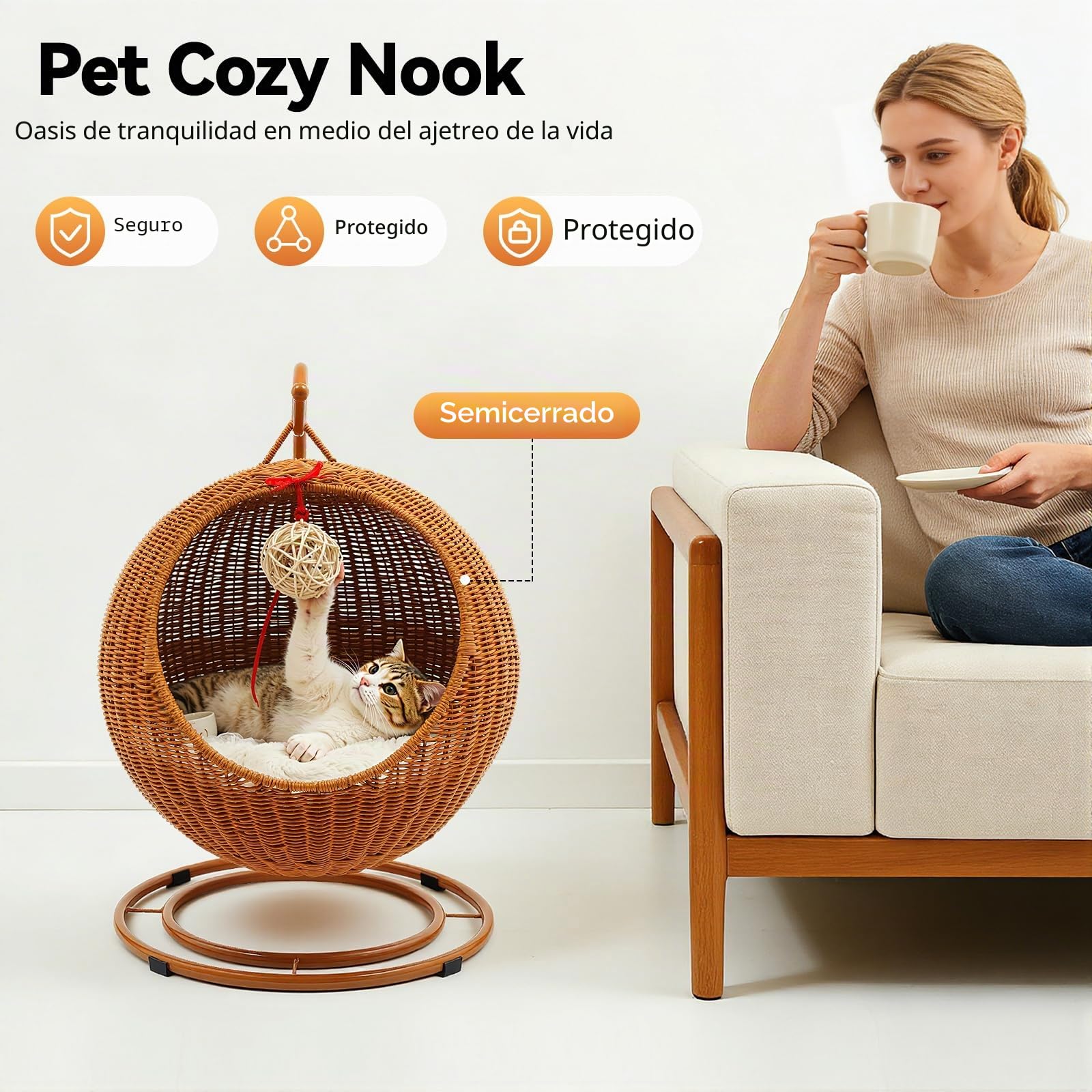 Columpio para gatos, de ratán, para menores de 7,5 kg, incluye cojín suave, flojín frío y tabla para rascar gatos, columpio colgante para gatos, silla Papasan para gatos