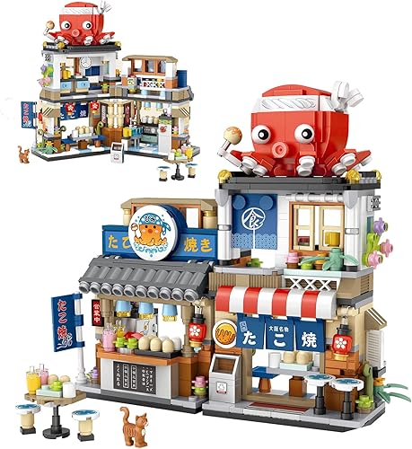 Yoxindax Vista de calle japonesa Takoyaki Shop Mini bloques de construcción, arquitectura creativa de simulación de bricolaje, 722 piezas de mini