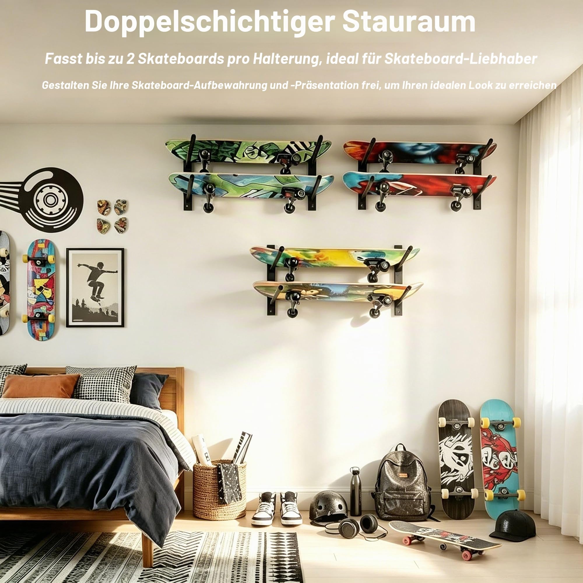 Bijun Wandhalterung für Skateboards, Wandaufsteller für Snowboard, Wandhalter für Ski, Horizontal, Wandhalter für Skateboard und Longboard