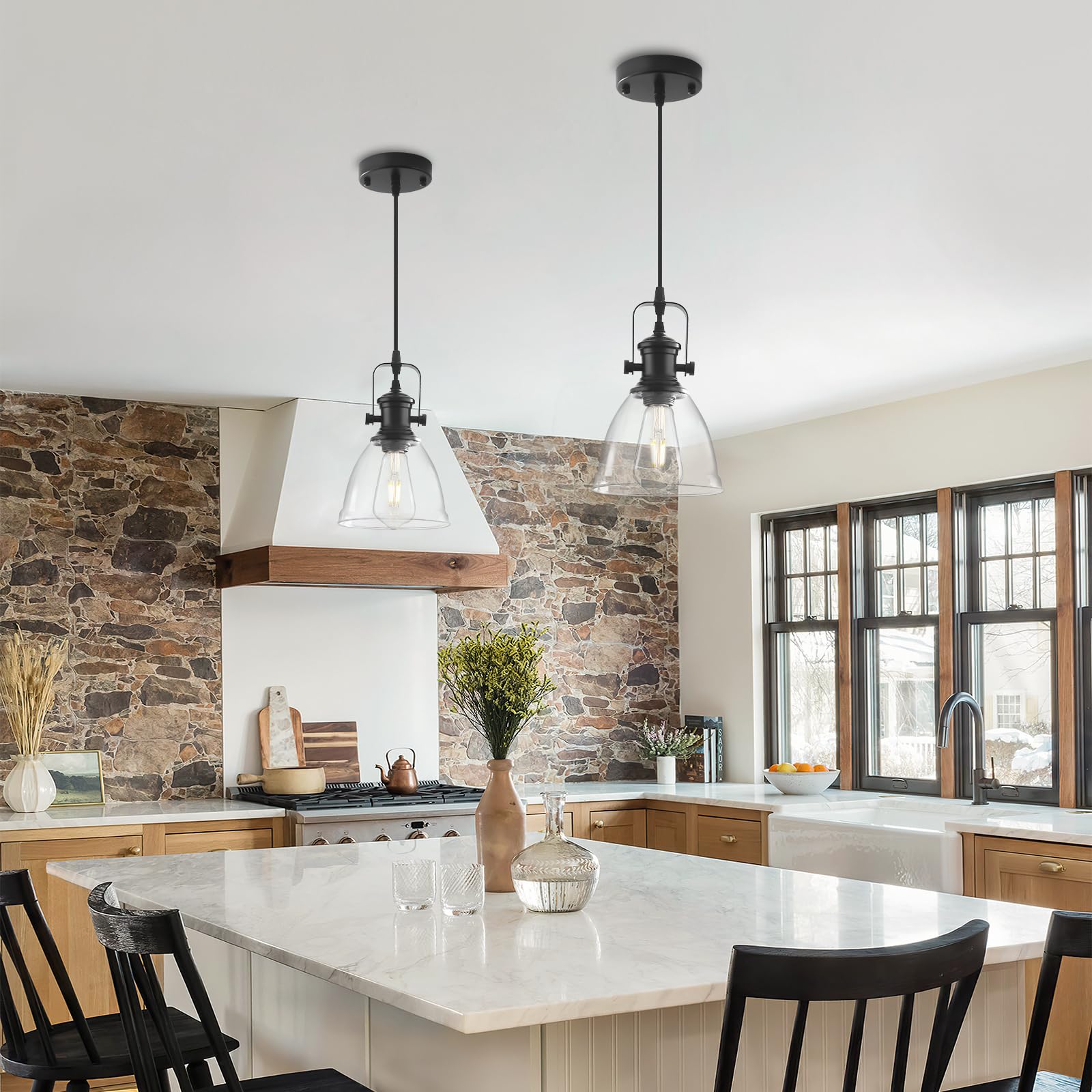 Paquete de 2 luces colgantes negras para isla de cocina, lámpara colgante de granja, lámpara colgante de vidrio transparente industrial, 6.5 pulgadas, iluminación colgante de cocina sobre 3