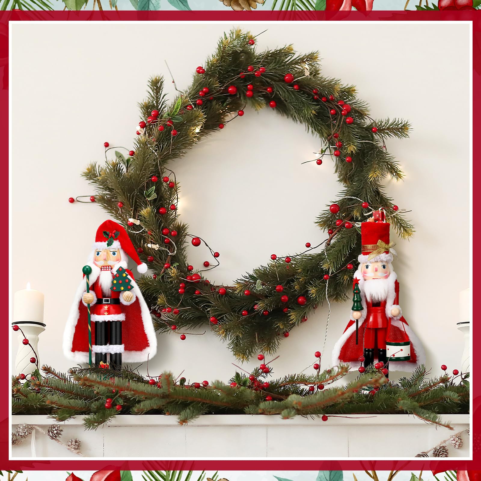 Soaoo Nussknacker-Figuren aus Holz, 33 cm, Weihnachtsmann-Nussknacker, dekorativ, rot, grün und weiß, Nussknacker, für Weihnachten, festliche Geschenke, Tischdekoration, 2 Stück