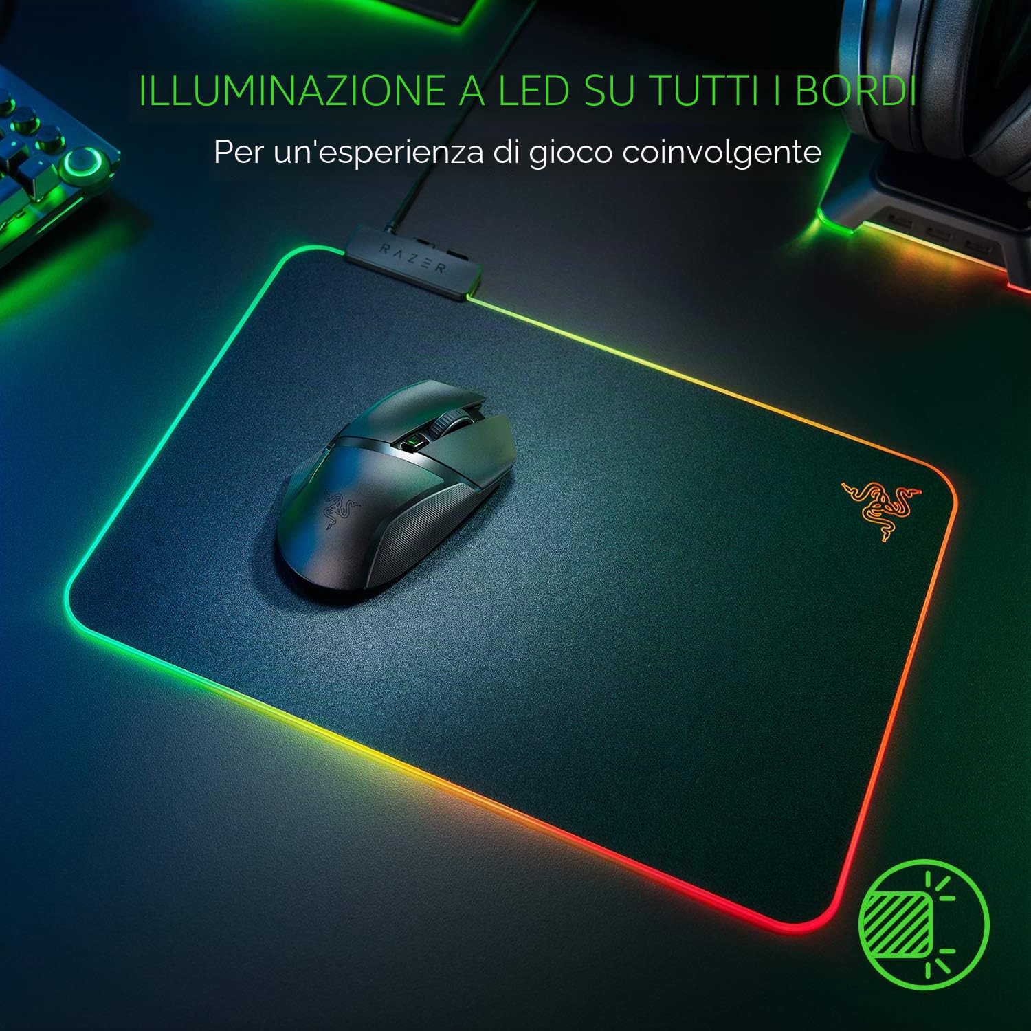 Razer Firefly V2 - Tappetino per mouse da gioco con superficie in microtrama e illuminazione RGB (Illuminazione del bordo a tutto tondo, Ferma-cavo integrato) Nero