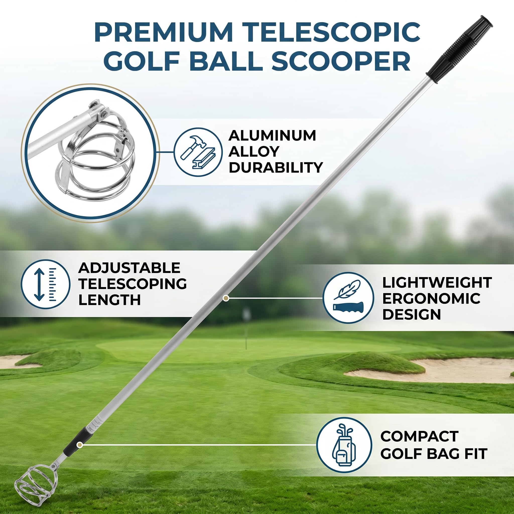 Recogedor de Pelotas de Golf Telescópico de Aluminio de 3 Secciones