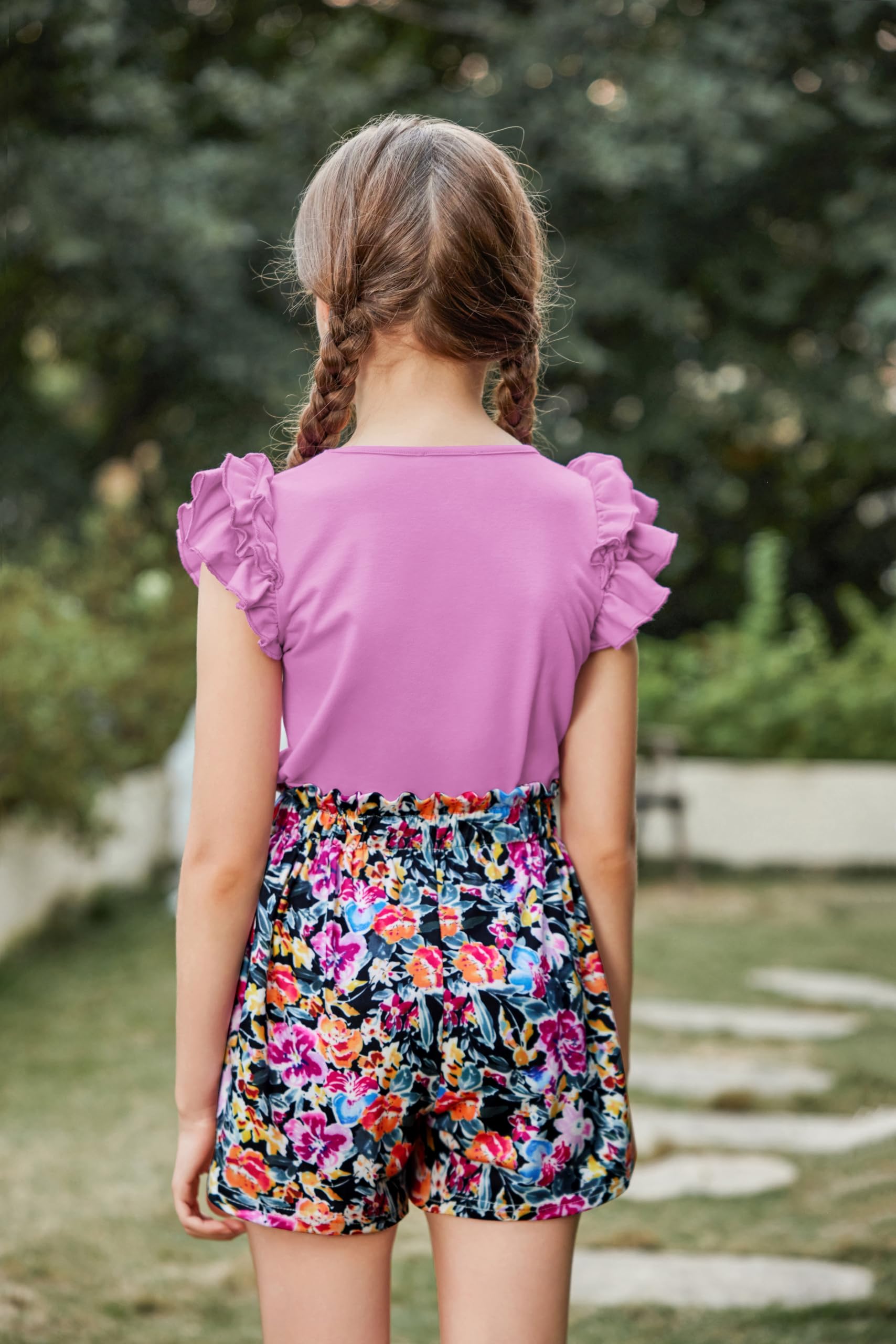 Arshiner Conjuntos Ropa Niñas Verano Monocolor Camiseta Pantalones Cortos Conjunto Niños Algodón Manga Volantes Conjunto Ocio Moda 2-Piezas Ropa con Bolsillo 6-14 Años