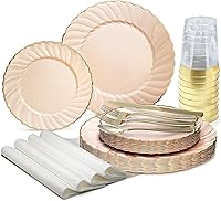 Vista 11 de Ocassions - Vajilla de 50-150-200 piezas para 25 invitados, color dorado, E1. Blossom Blush/Rosa & Oro