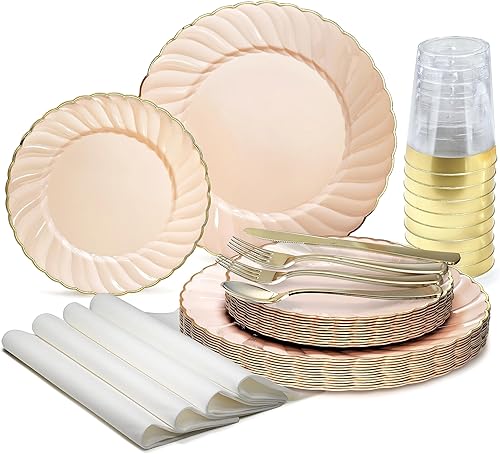 Ocassions - Vajilla de 50-150-200 piezas para 25 invitados, color dorado, E1. Blossom BlushRosa & Oro