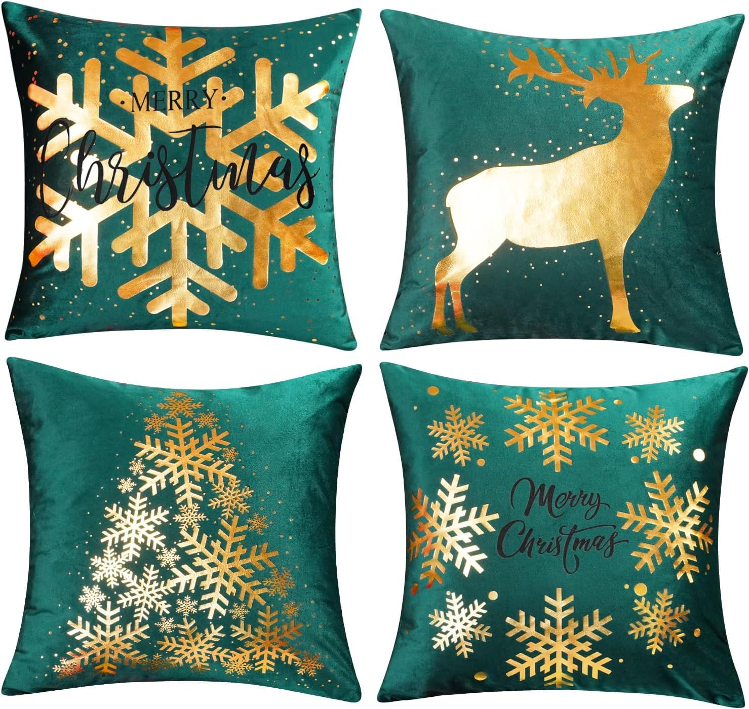 ONWAY Green Christmas Decorations Gold Throw Pillow Covers 20x20 Set of 4 Snowflakes Reindeer Decorative Cushion Cases Xmas Golden Decor for Couch