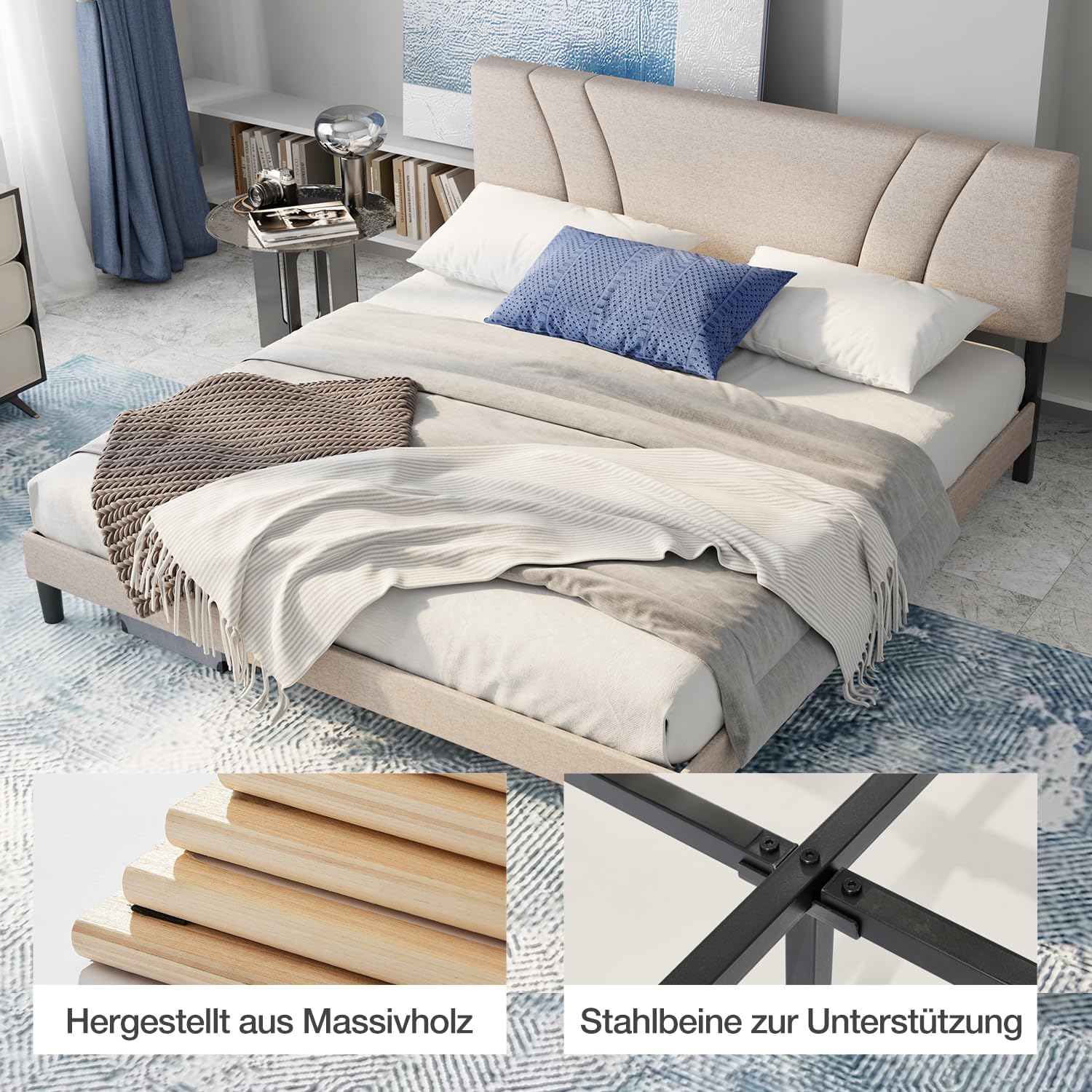 Bundle of Avenco Queen Bed Frame with Adjustable Headboard, Beige + Avenco Queen Size Mattress, 12 Inch Queen Mattresses in a Box, Hybrid Spring Mattresses with Comfort Foam and Pocket Coils