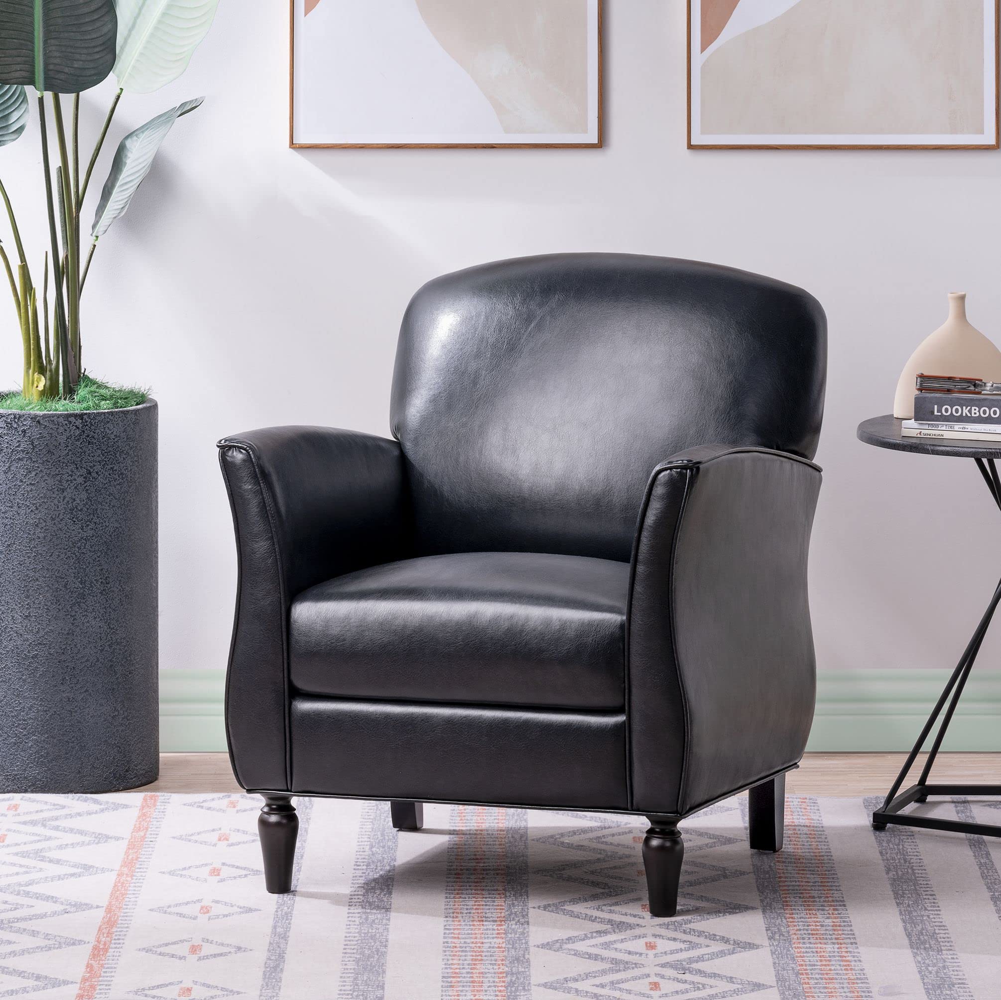 NITYASUNDARA Faux Leather Black Accent Chair Club Chair, Modern Living Room  Chairs, Comfy Upholstered Reading Chair for Bedroom, Single Sofa, Wingback