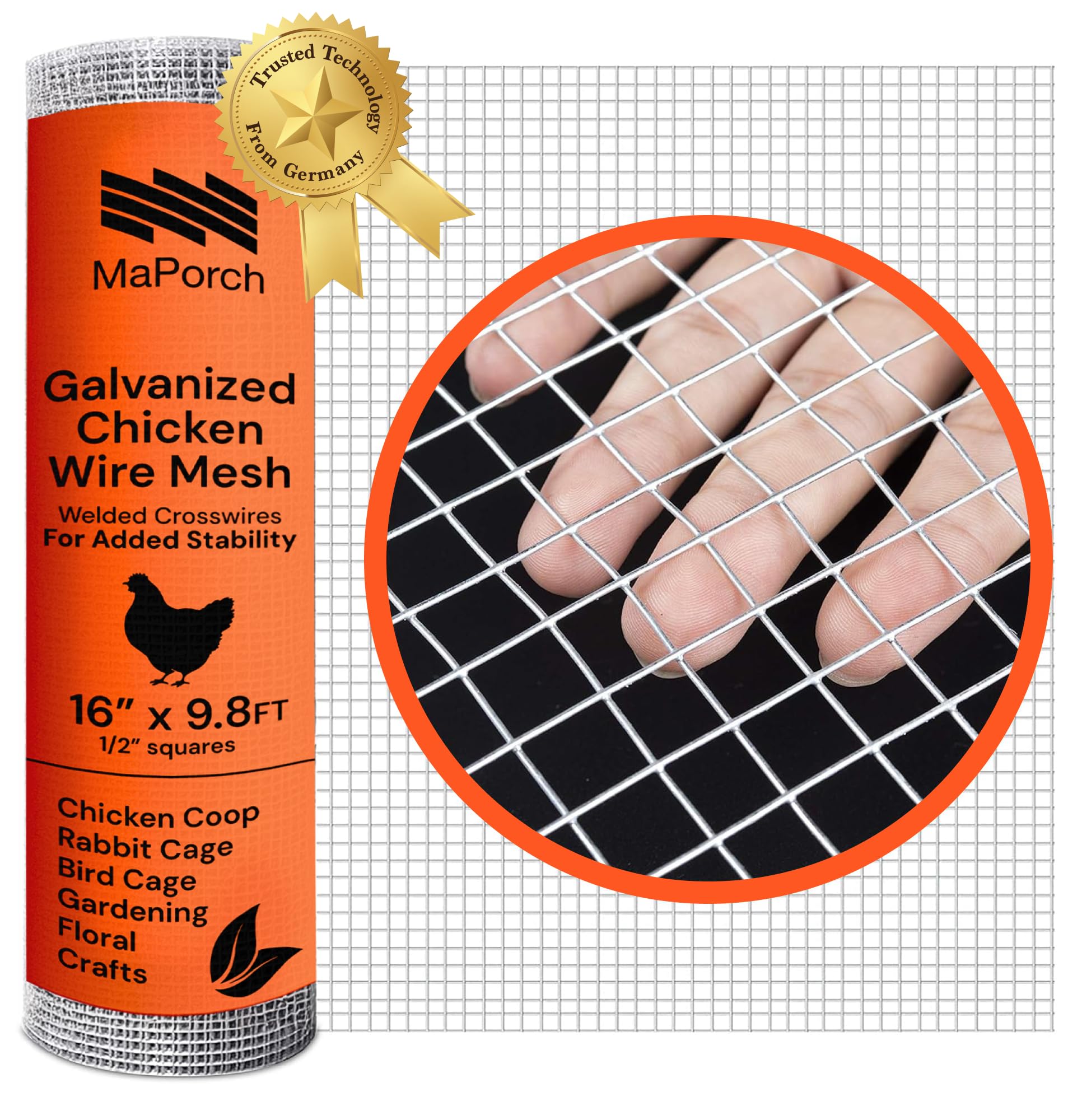 MaPorch Hardware Cloth Mesh - Galvanized Chicken Wire Mesh (15.7'' x 118.1', 1/2 Inch Square) for Chicken Coop, Rabbit and Poultry Fencing - Wire Fence - Metal Fencing