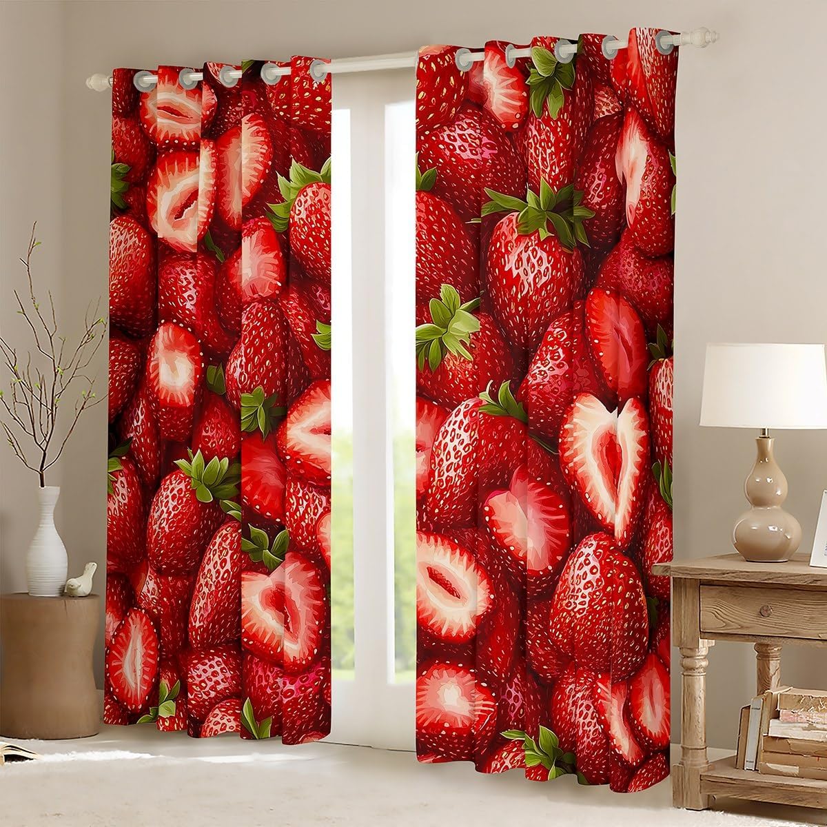 Manfei Cute Strawberry Blackout Curtain Kawaii Fruits Window Drapes, Red Strawberries Print Window Treatments, Kids Girls Teens Room Decor, Grommet Top 2 Panel Set Bedroom Curtains, 42Wx84L inch